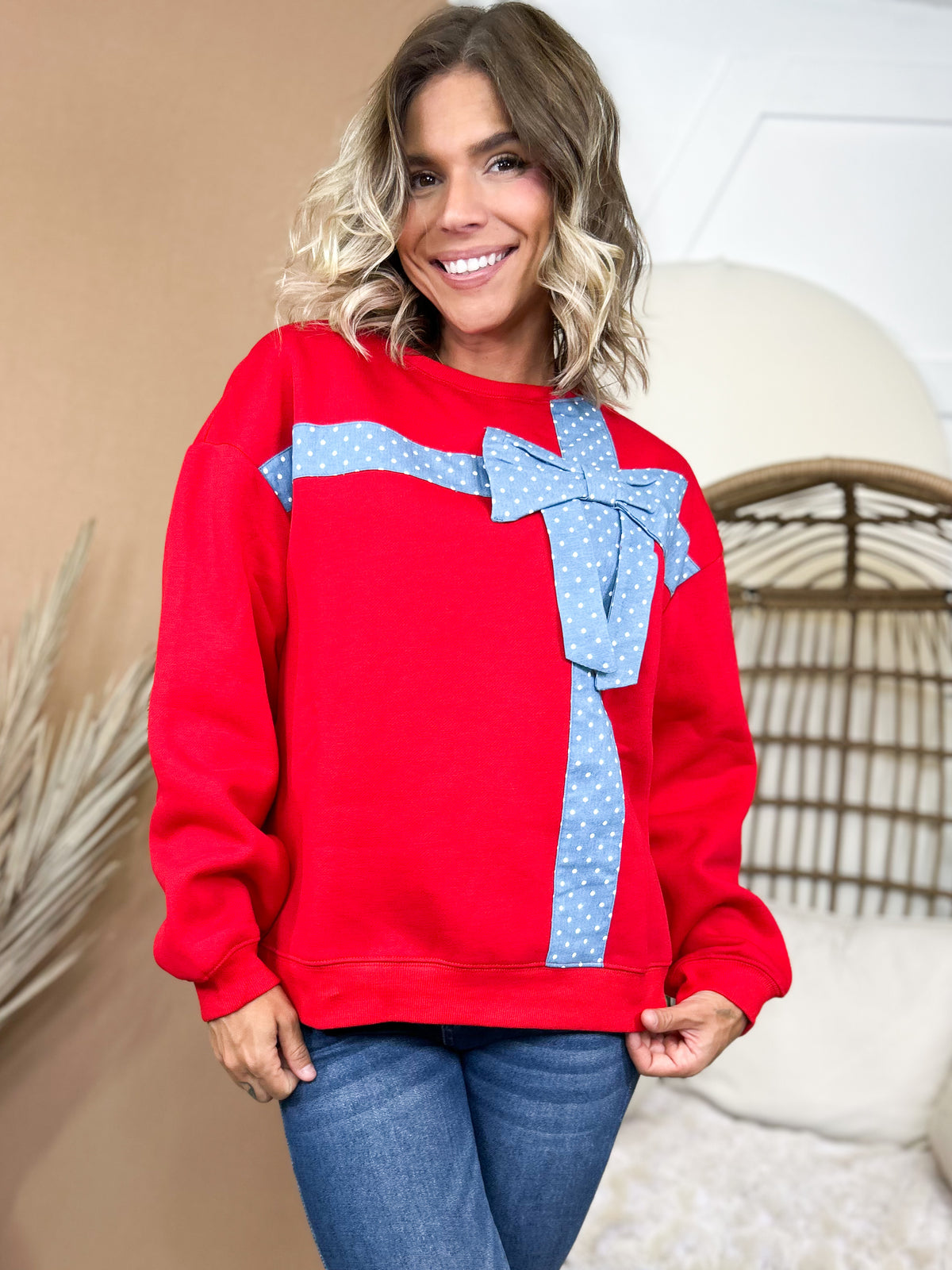 Wrapped Up In You Bow Sweatshirt-125 SWEATER-HEIMISH-Heathered Boho Boutique, Women's Fashion and Accessories in Palmetto, FL