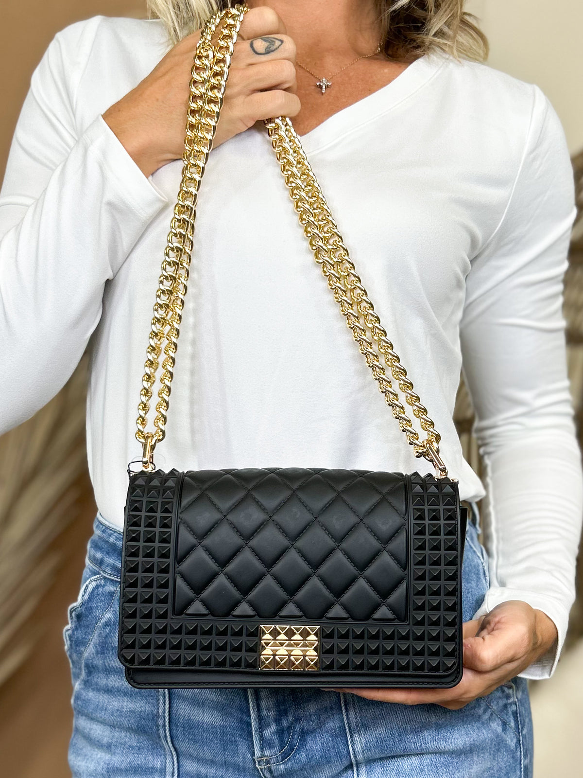 Donna Studded Chain Crossbody Bag-320 Bags-Jen & Co.-Heathered Boho Boutique, Women's Fashion and Accessories in Palmetto, FL