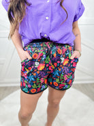 Preorder : Fiesta Time Floral Drawstring Everyday Shorts- Black-160 shorts-Jess Lea-Heathered Boho Boutique, Women's Fashion and Accessories in Palmetto, FL