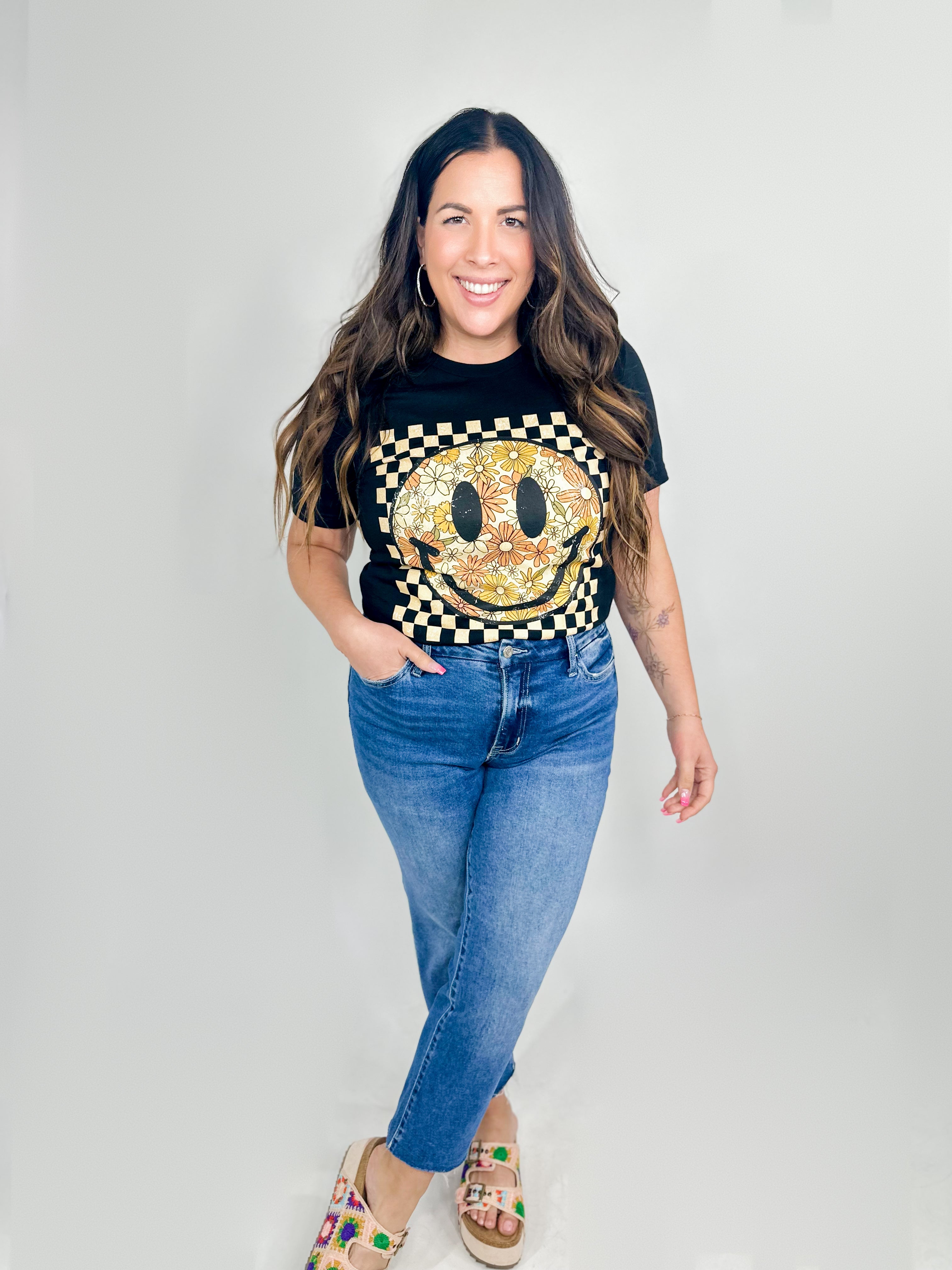 Autumn Checkered Smiley Graphic Tee-130 Graphic Tees-Heathered Boho-Heathered Boho Boutique, Women's Fashion and Accessories in Palmetto, FL