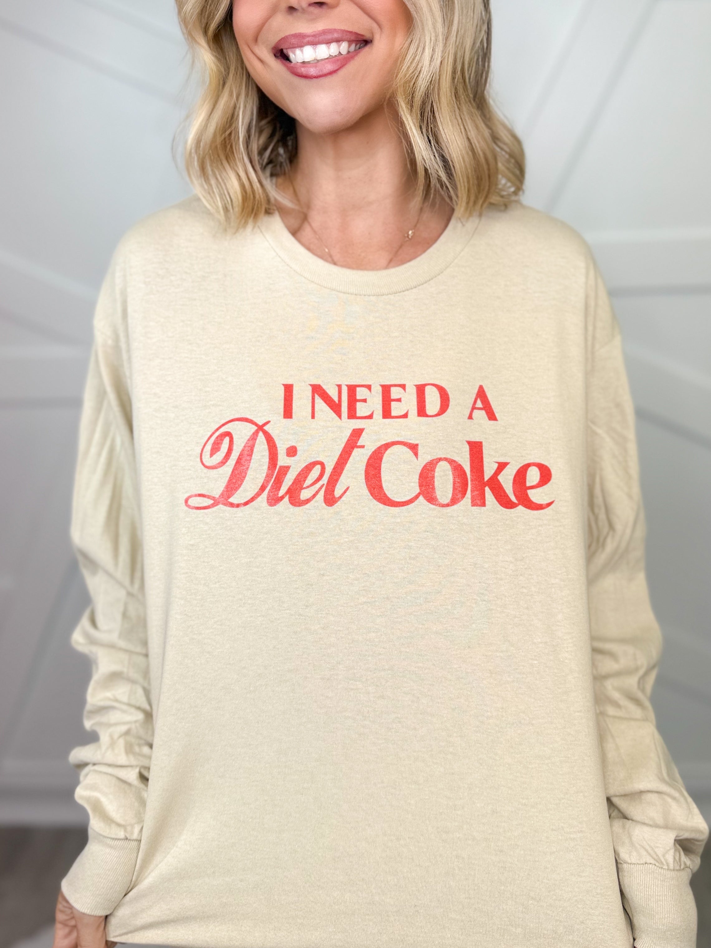 Need A Diet Coke Graphic Long Sleeve-130 Graphic Tees-Heathered Boho-Heathered Boho Boutique, Women's Fashion and Accessories in Palmetto, FL