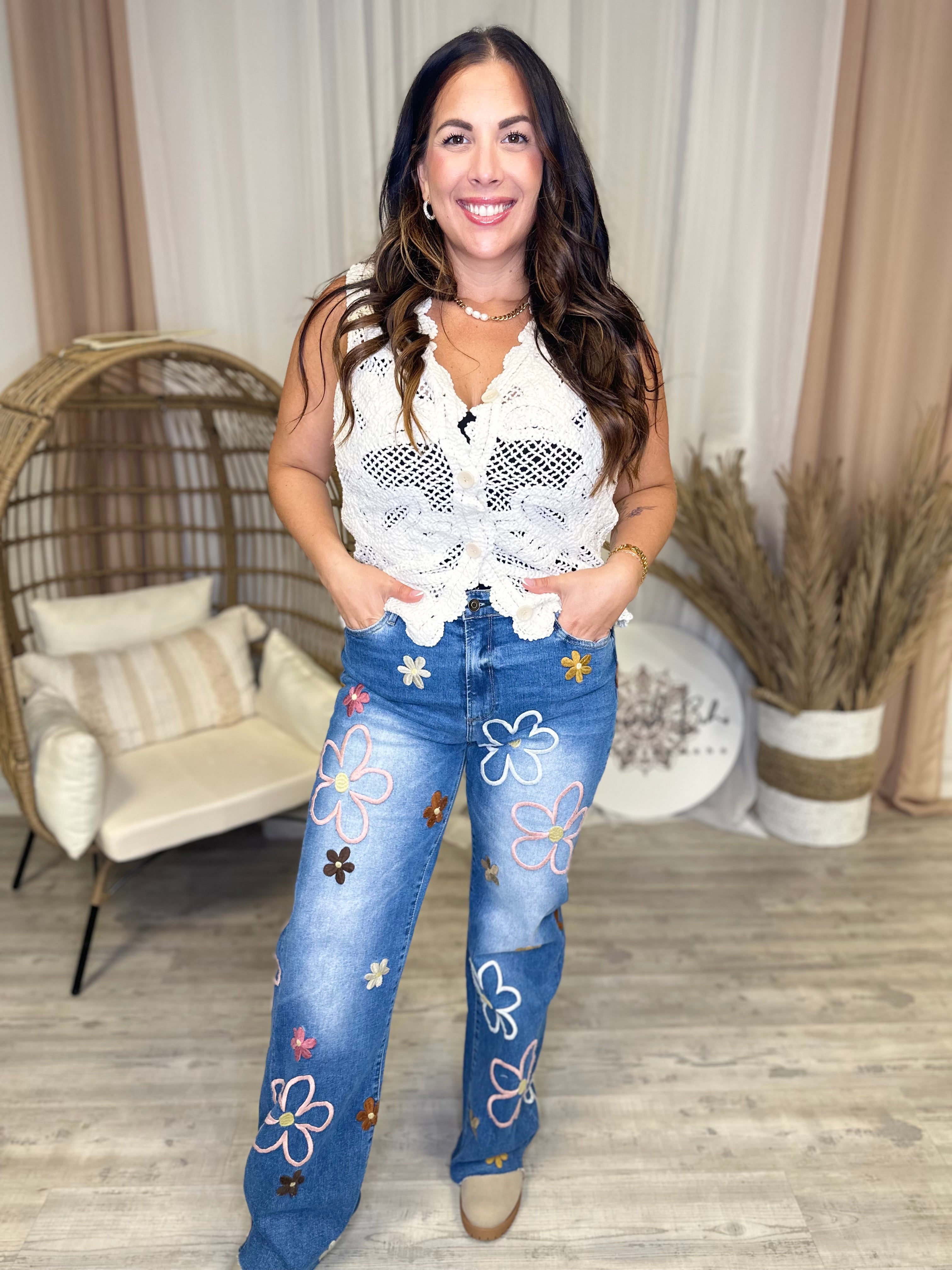 Restocked: Flower Power Denim Pants-190 Jeans-Oli & Hali-Heathered Boho Boutique, Women's Fashion and Accessories in Palmetto, FL