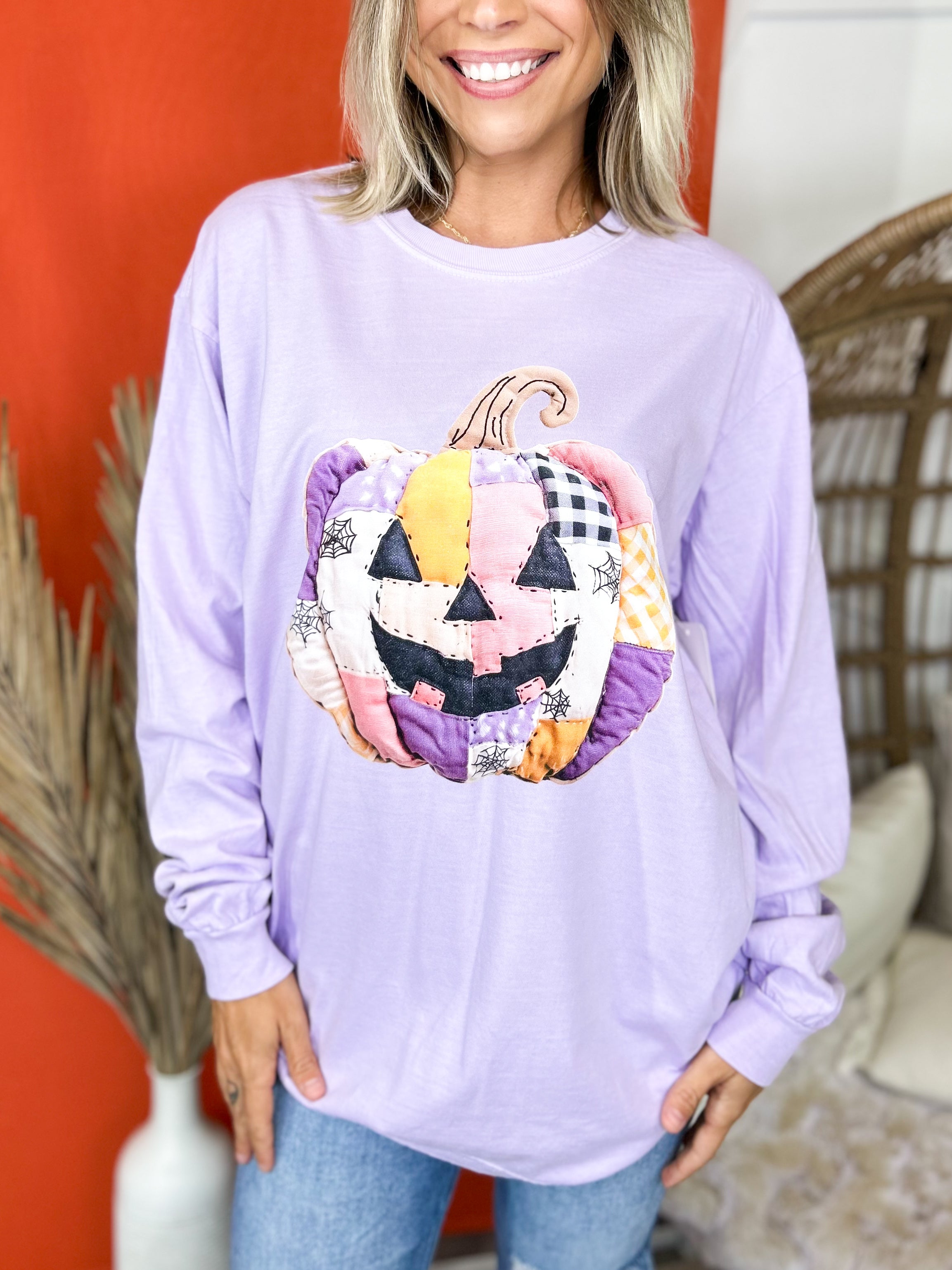 Patchwork Pumpkin Graphic Long Sleeve-130 Graphic Tees-Heathered Boho-Heathered Boho Boutique, Women's Fashion and Accessories in Palmetto, FL