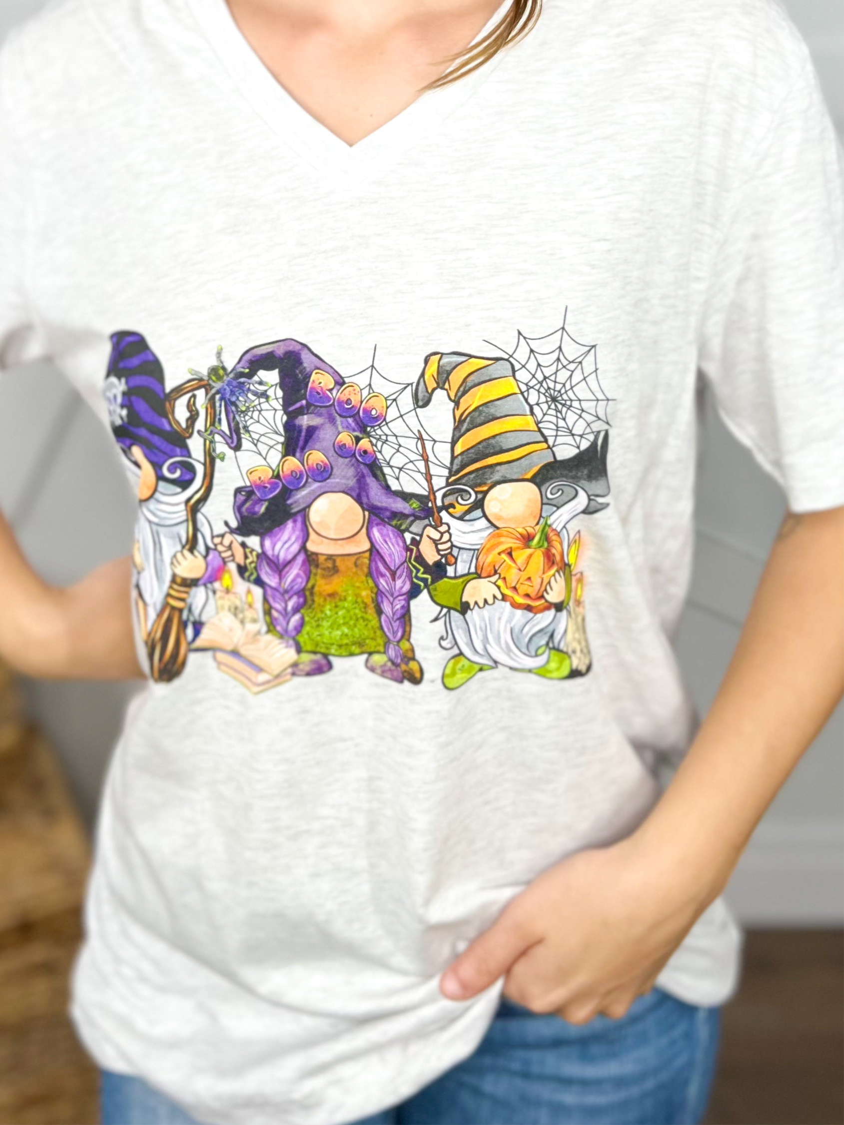 Halloween Gnomes Graphic Tee-130 Graphic Tees-Heathered Boho-Heathered Boho Boutique, Women's Fashion and Accessories in Palmetto, FL