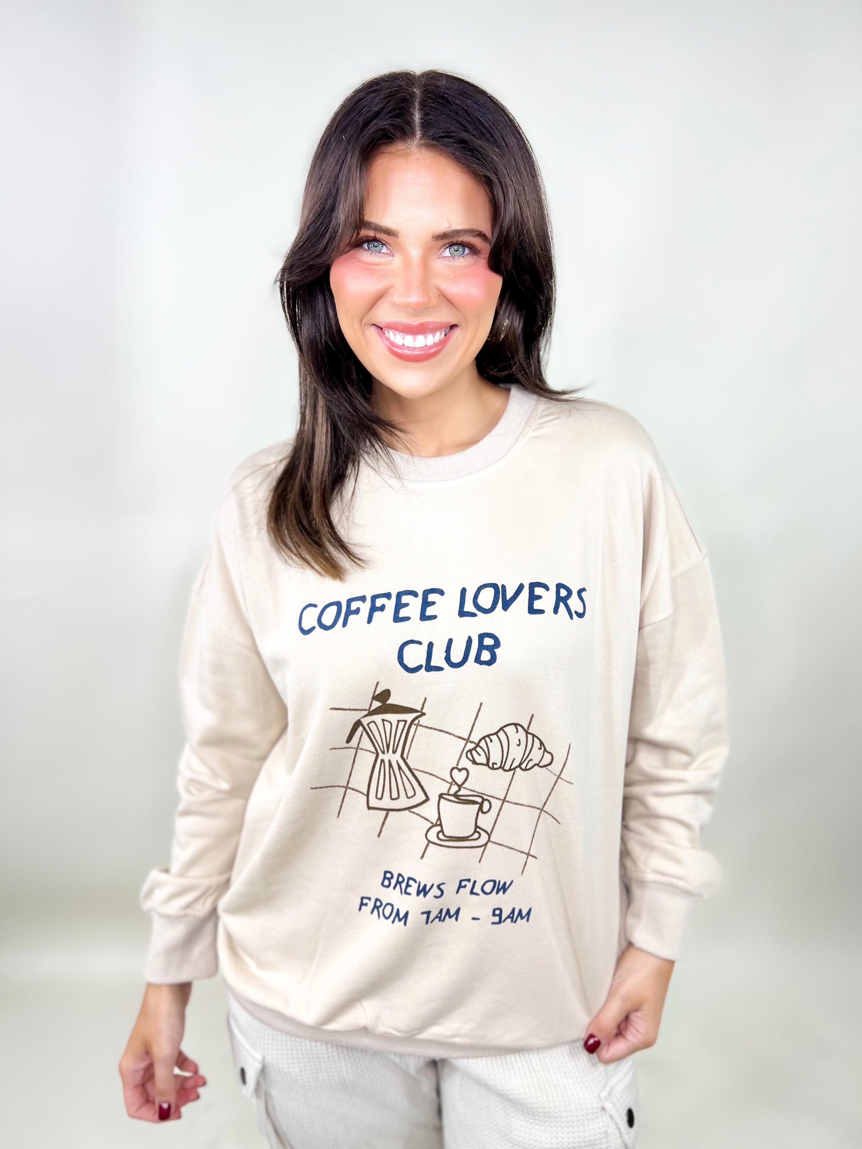 Coffee Lovers Club Sweatshirt-120 Long Sleeve Tops-GILLI-Heathered Boho Boutique, Women's Fashion and Accessories in Palmetto, FL