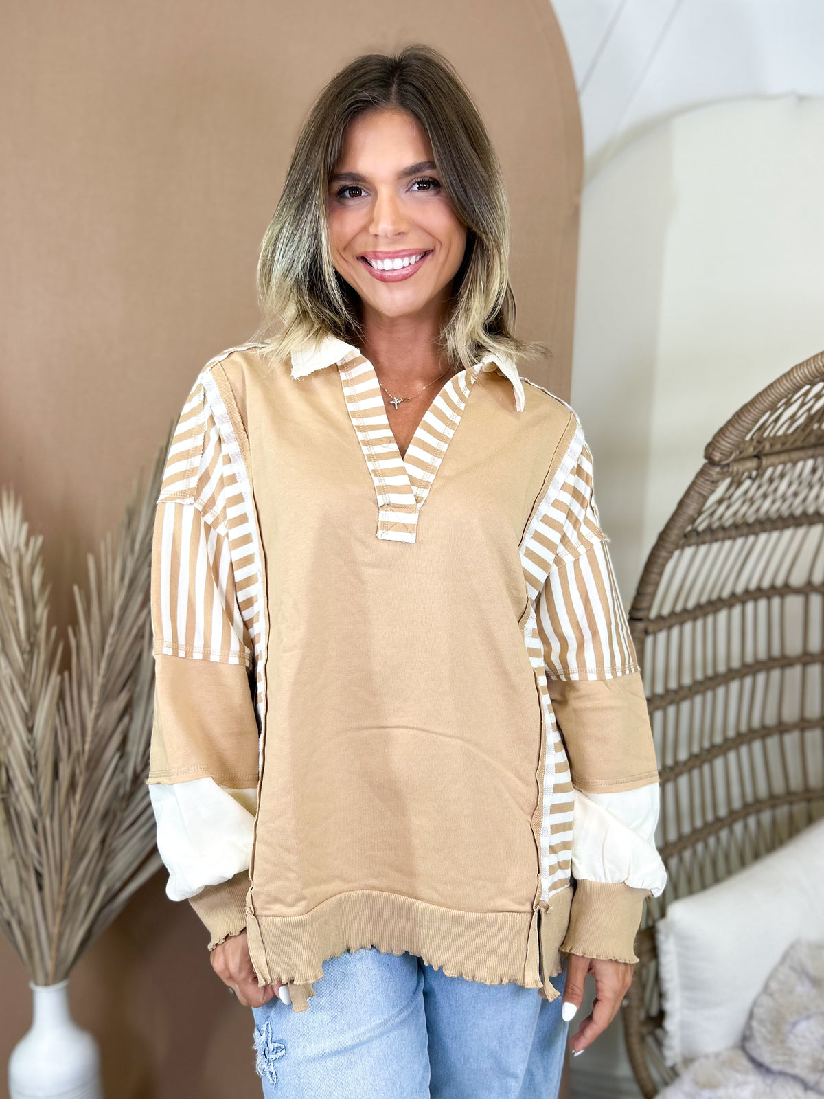 Vintage Rugby Sweatshirt-120 LONG SLEEVE TOPS-VERY J-Heathered Boho Boutique, Women's Fashion and Accessories in Palmetto, FL