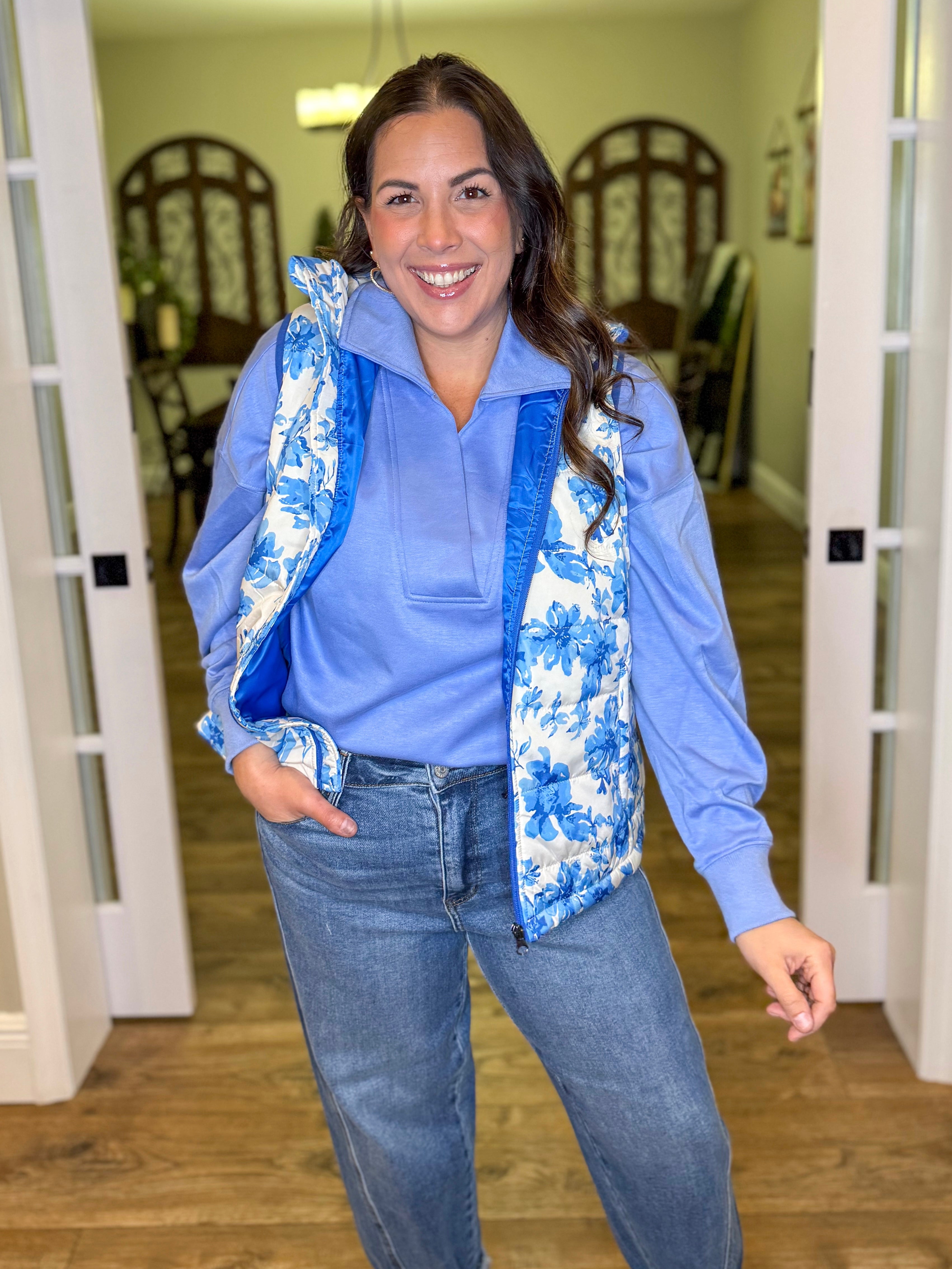 Delilah Blue Eternal Blossom Puffer Vest-200 Jackets/Shackets-Jess Lea-Heathered Boho Boutique, Women's Fashion and Accessories in Palmetto, FL