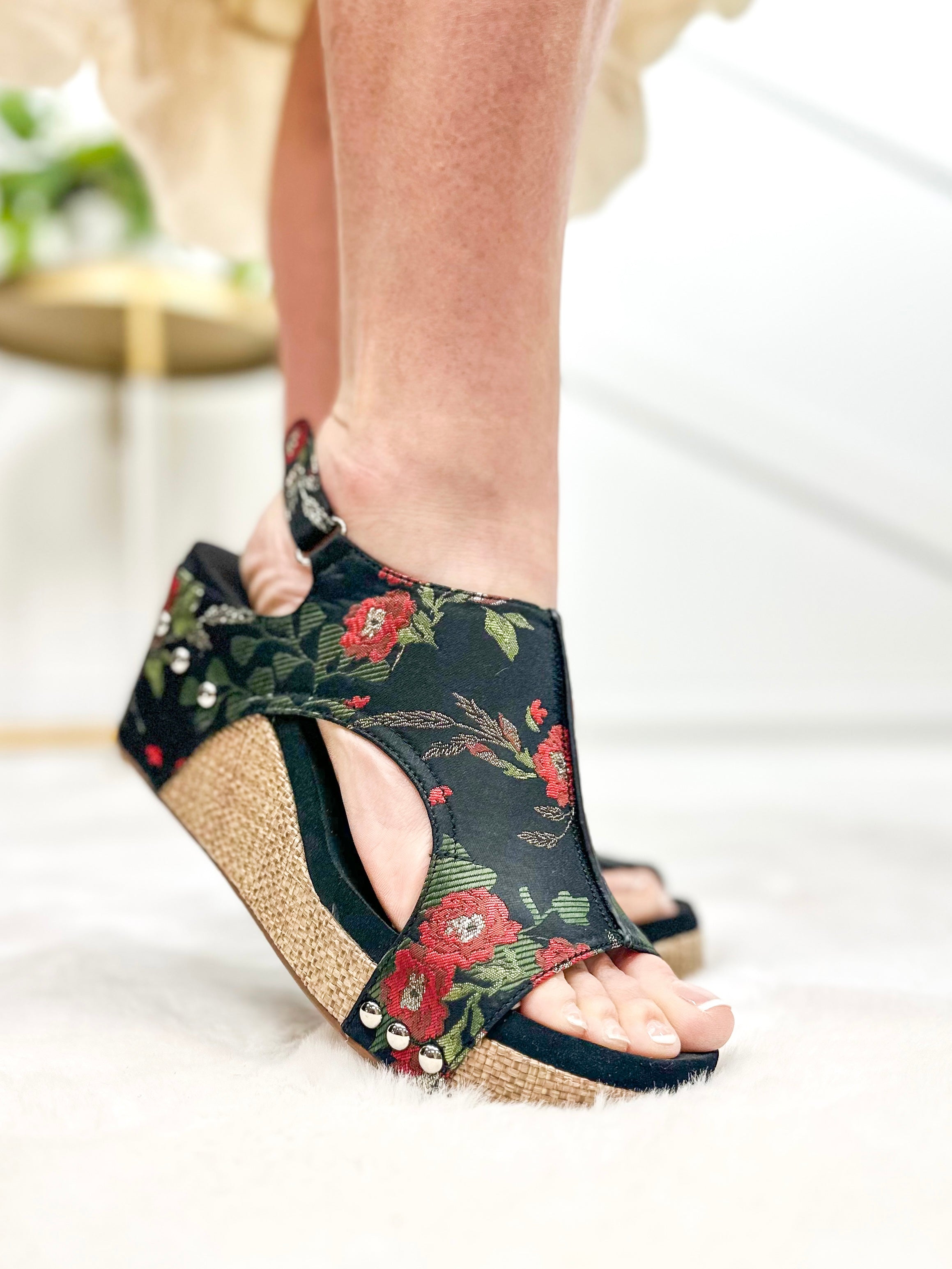 Carley Wedges - Black Red Floral-350 Shoes-Corkys-Heathered Boho Boutique, Women's Fashion and Accessories in Palmetto, FL