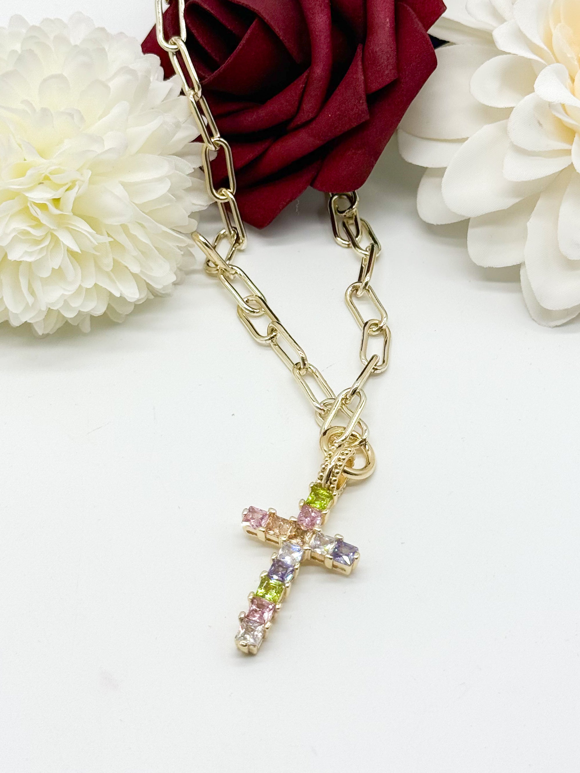 Squared Colored Gem Cross Necklace-310 Jewelry-Millenx Accessories, LLC.-Heathered Boho Boutique, Women's Fashion and Accessories in Palmetto, FL
