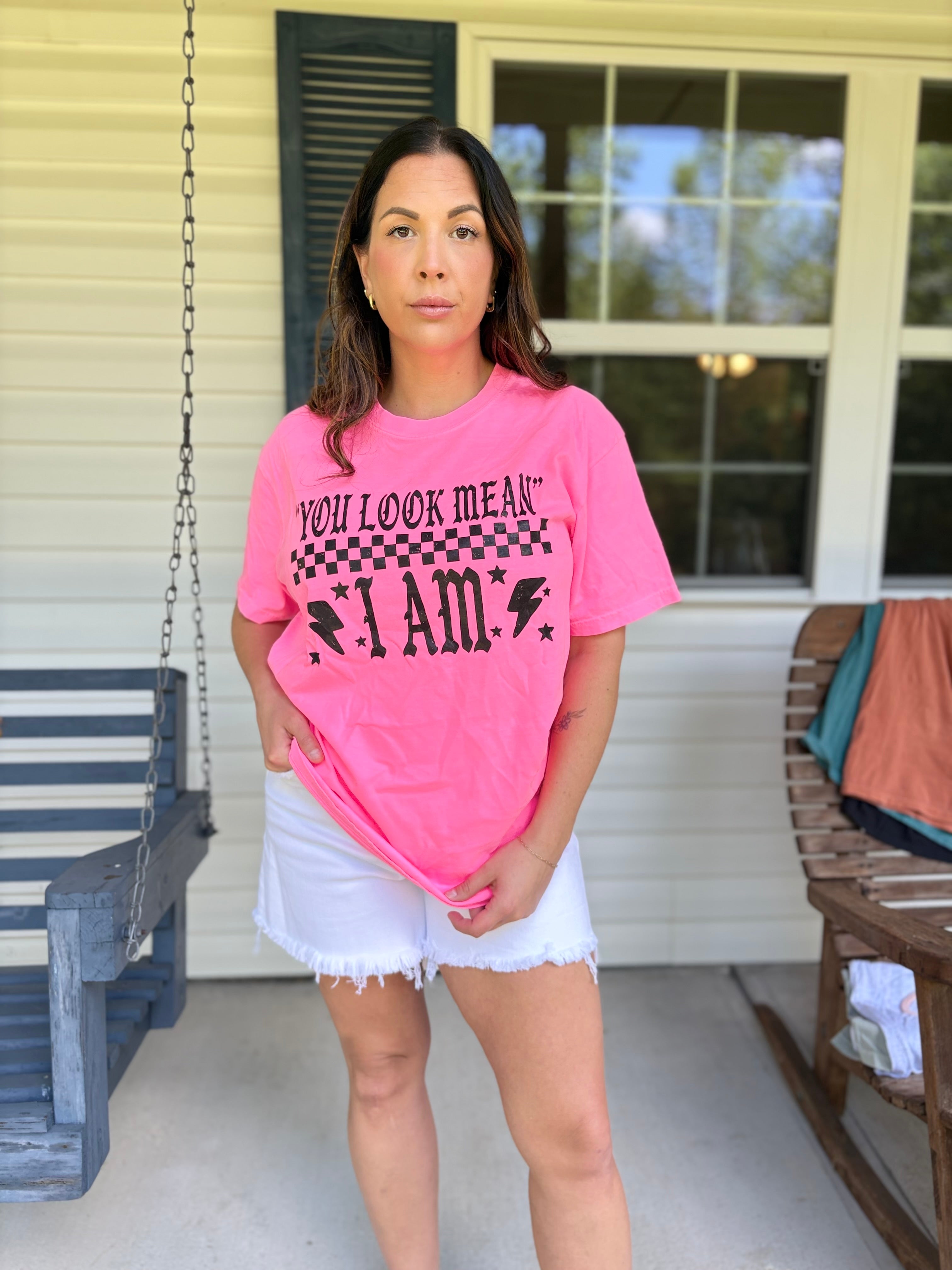 You Look Mean Graphic Tee - Neon Pink-130 Graphic Tees-Heathered Boho-Heathered Boho Boutique, Women's Fashion and Accessories in Palmetto, FL