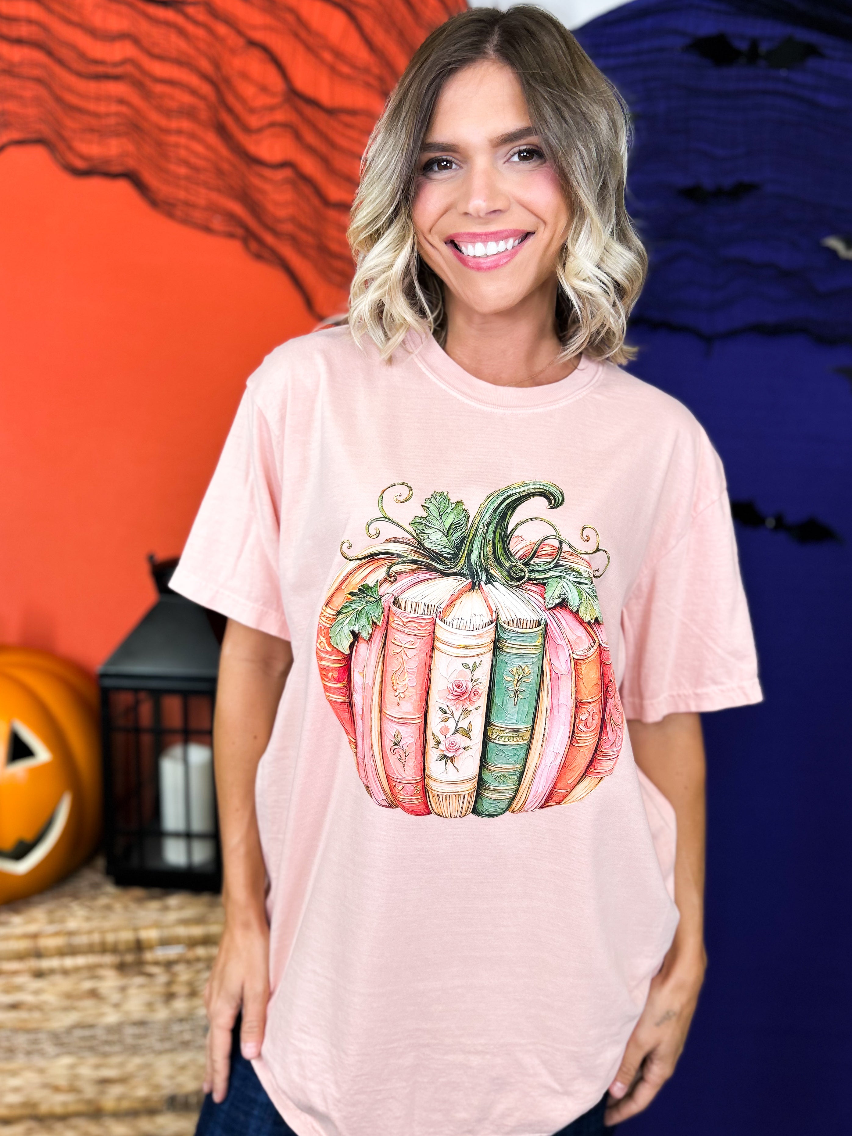 Pumpkin Book Graphic Tee-130 Graphic Tees-Heathered Boho-Heathered Boho Boutique, Women's Fashion and Accessories in Palmetto, FL