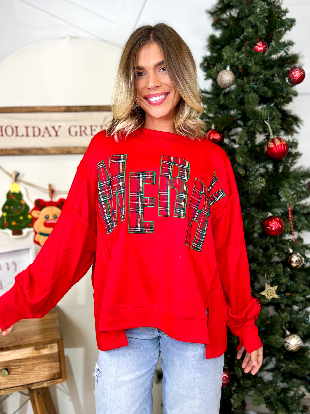 Merry & Bright Plaid Sweatshirt-125 Sweater-HEIMISH-Heathered Boho Boutique, Women's Fashion and Accessories in Palmetto, FL