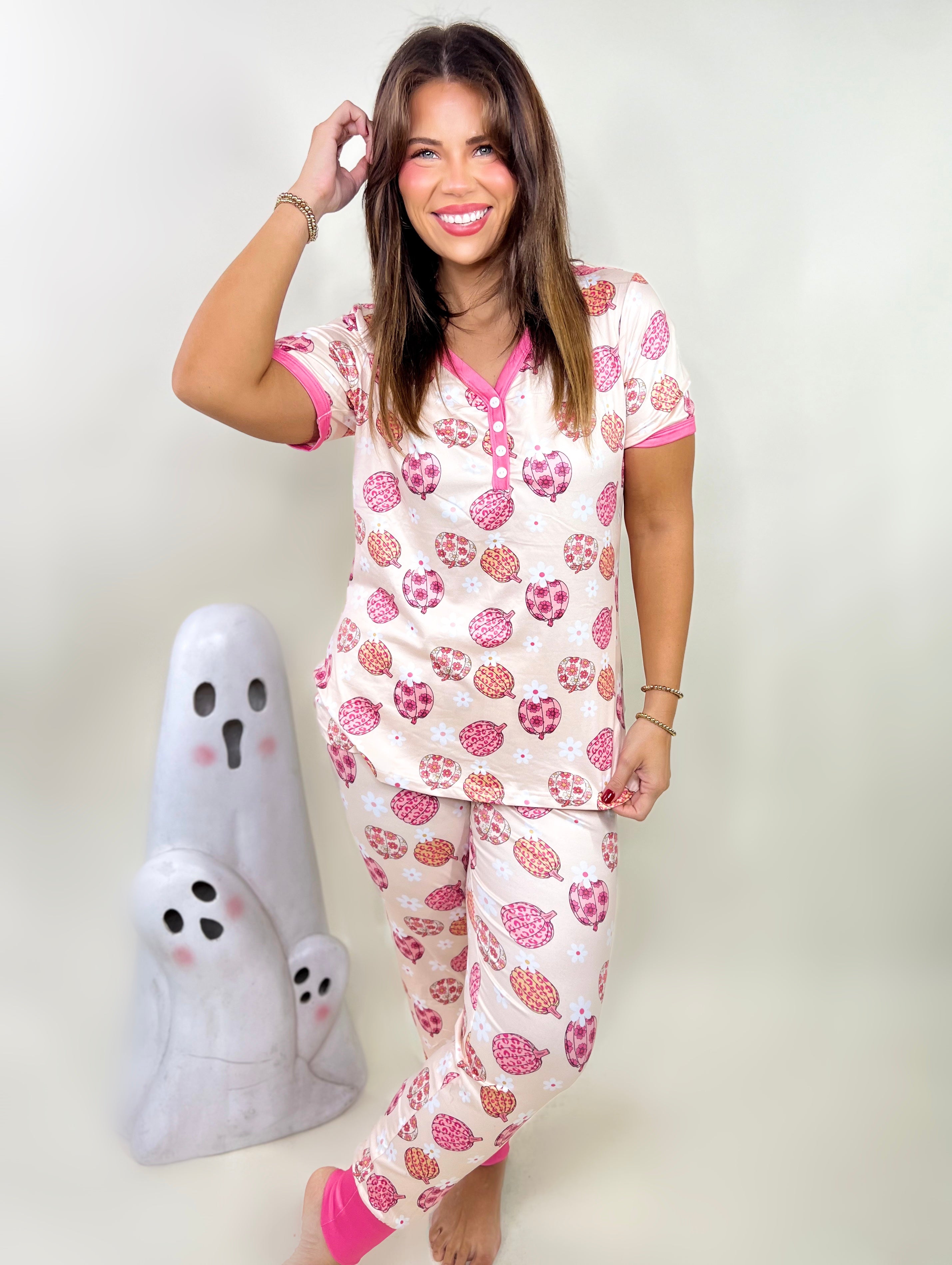 Pink Pumpkin Halloween PJ Set-240 Activewear/Sets-Shirley & Stone-Heathered Boho Boutique, Women's Fashion and Accessories in Palmetto, FL