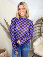 Trick or Checkered Mesh Top- Purple-120 LONG SLEEVE TOPS-Nylon Apparel-Heathered Boho Boutique, Women's Fashion and Accessories in Palmetto, FL