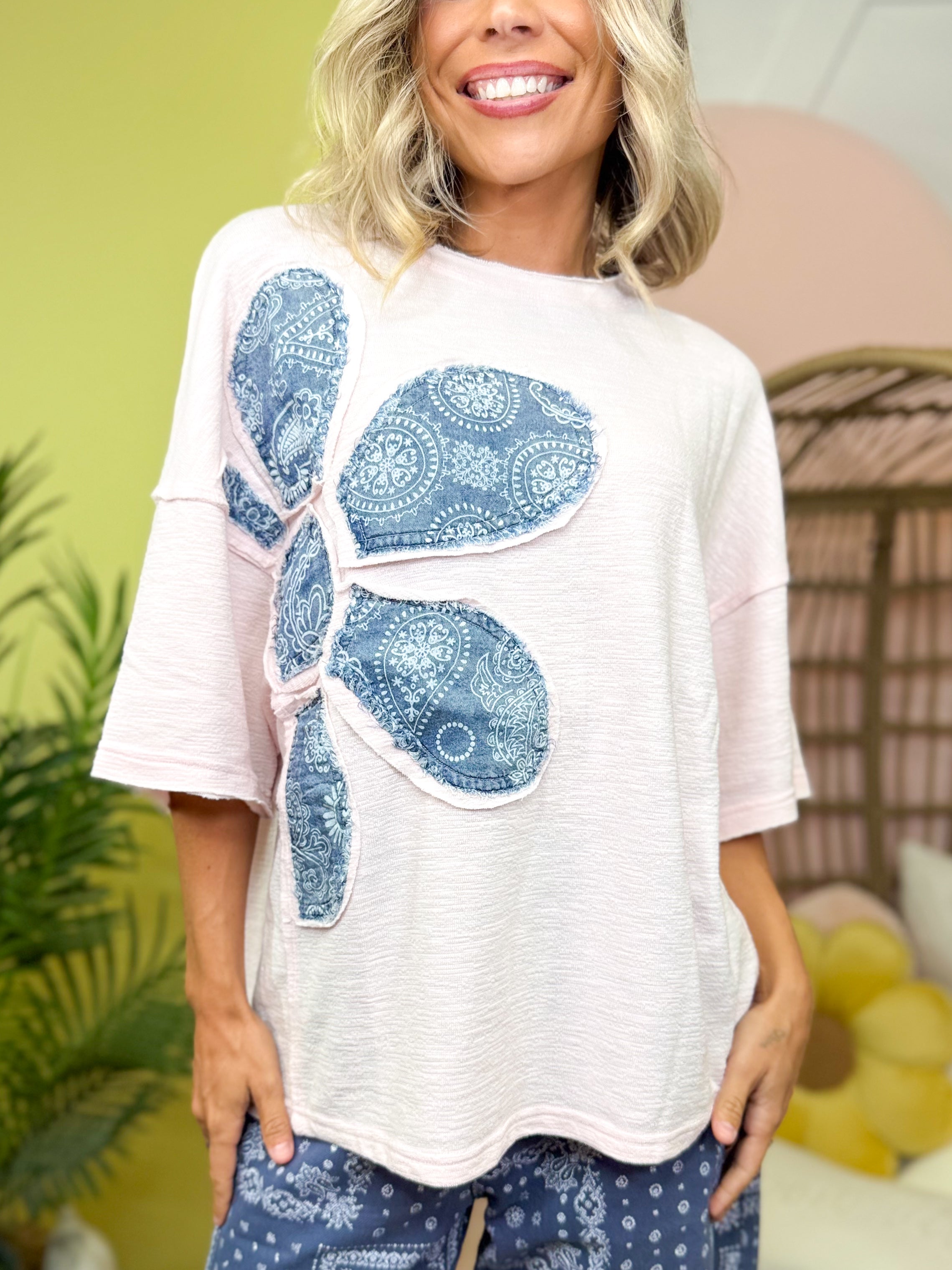 Petal Patch Boxy Tee-110 SHORT SLEEVE TOP-EASEL-Heathered Boho Boutique, Women's Fashion and Accessories in Palmetto, FL