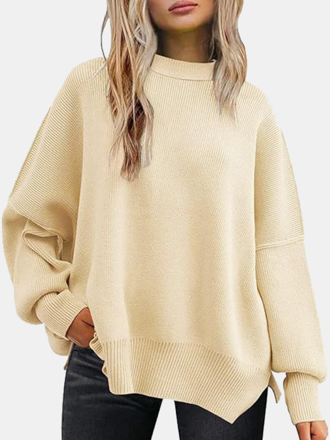 Round Neck Drop Shoulder Slit Sweater-Sweaters-Trendsi-Heathered Boho Boutique, Women's Fashion and Accessories in Palmetto, FL