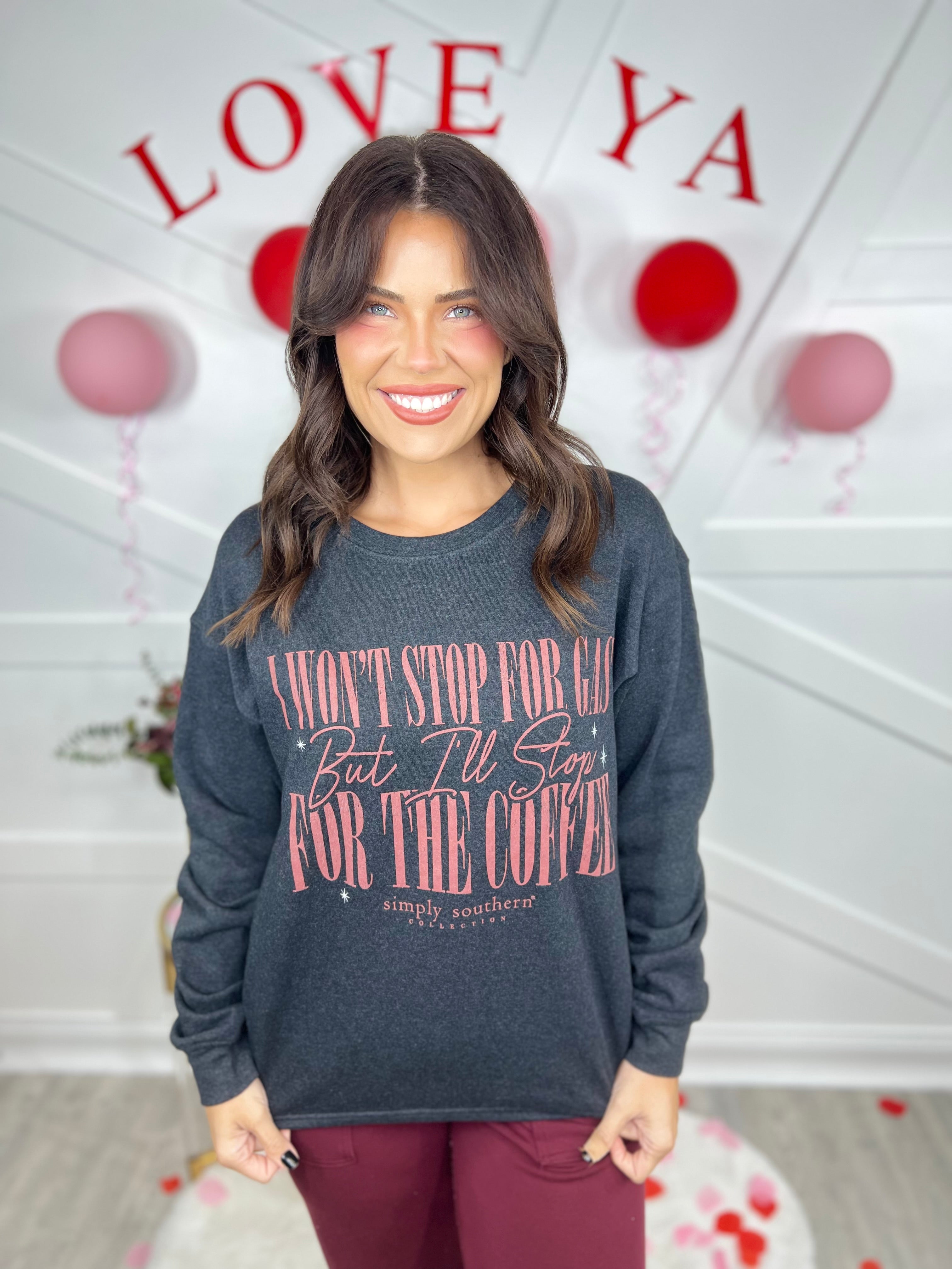 Stop for Coffee Crewneck-120 Long Sleeve Tops-Simply Southern-Heathered Boho Boutique, Women's Fashion and Accessories in Palmetto, FL