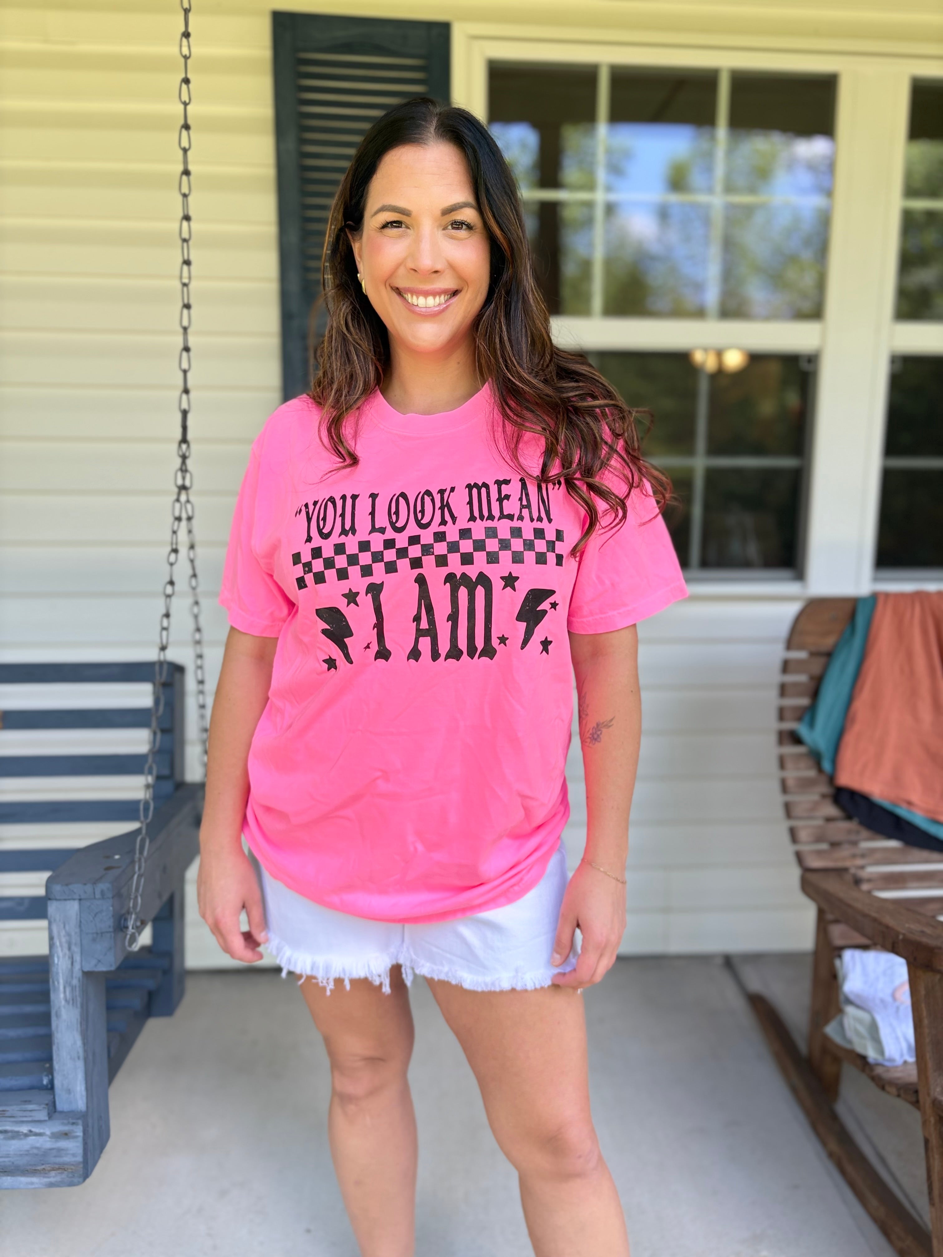 You Look Mean Graphic Tee - Neon Pink-130 Graphic Tees-Heathered Boho-Heathered Boho Boutique, Women's Fashion and Accessories in Palmetto, FL