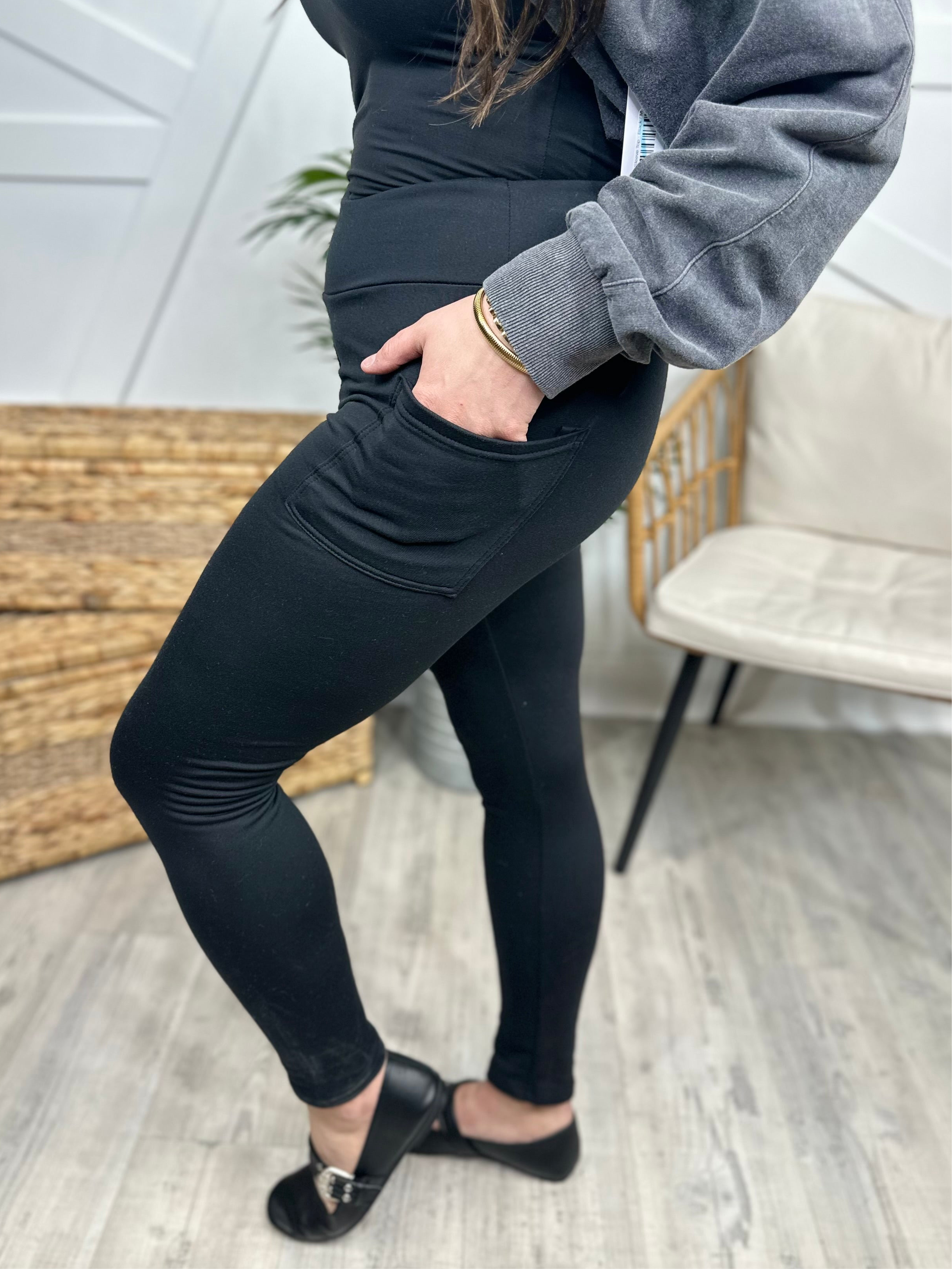 RESTOCK: Black FLEECE Full Length Leggings with Pockets-180 LEGGINGS-JuliaRoseWholesale-Heathered Boho Boutique, Women's Fashion and Accessories in Palmetto, FL