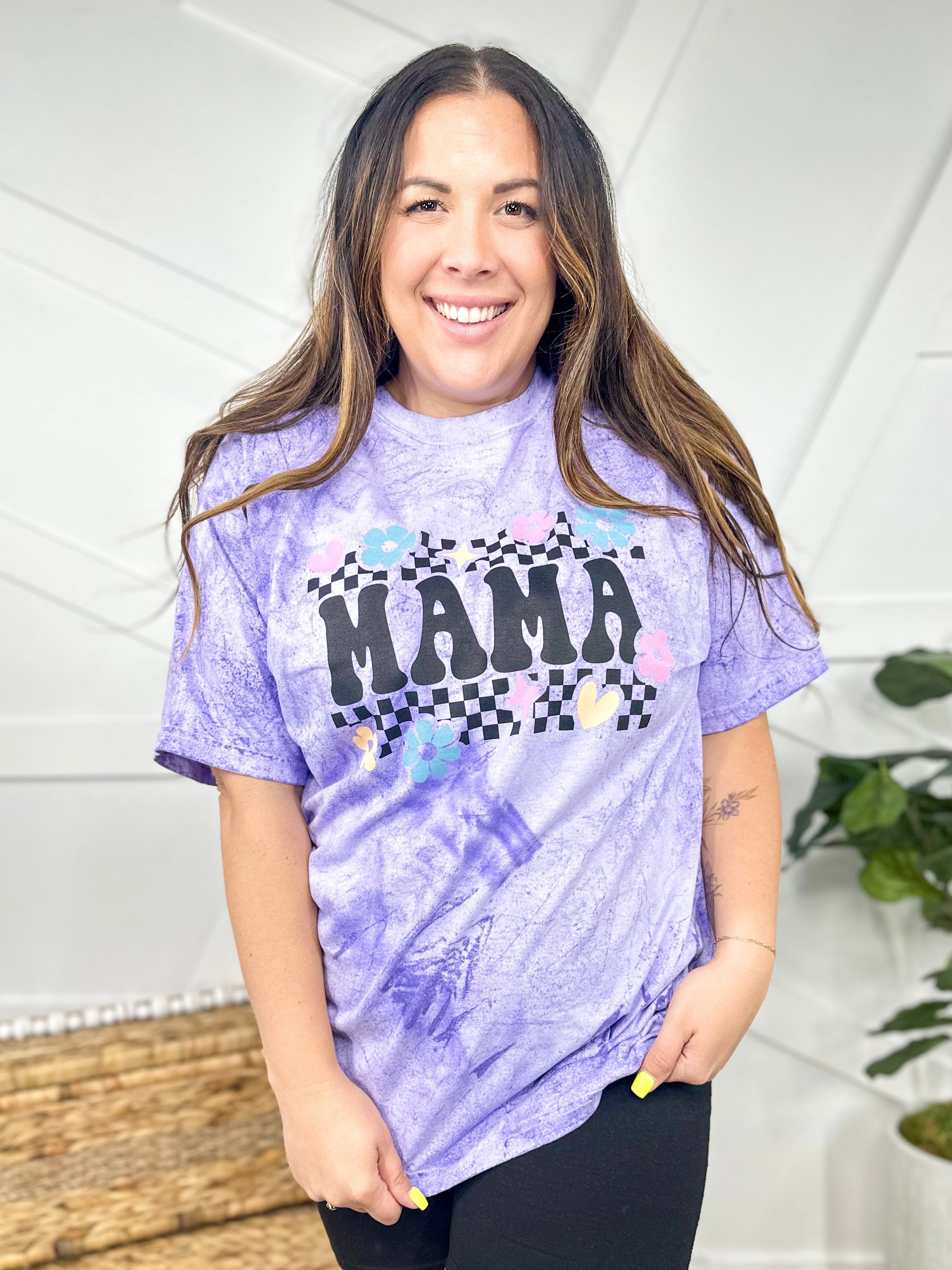 Checkered Floral Mother's Day Graphic Tee- Multiple Name Options-130 Graphic Tees-Heathered Boho-Heathered Boho Boutique, Women's Fashion and Accessories in Palmetto, FL