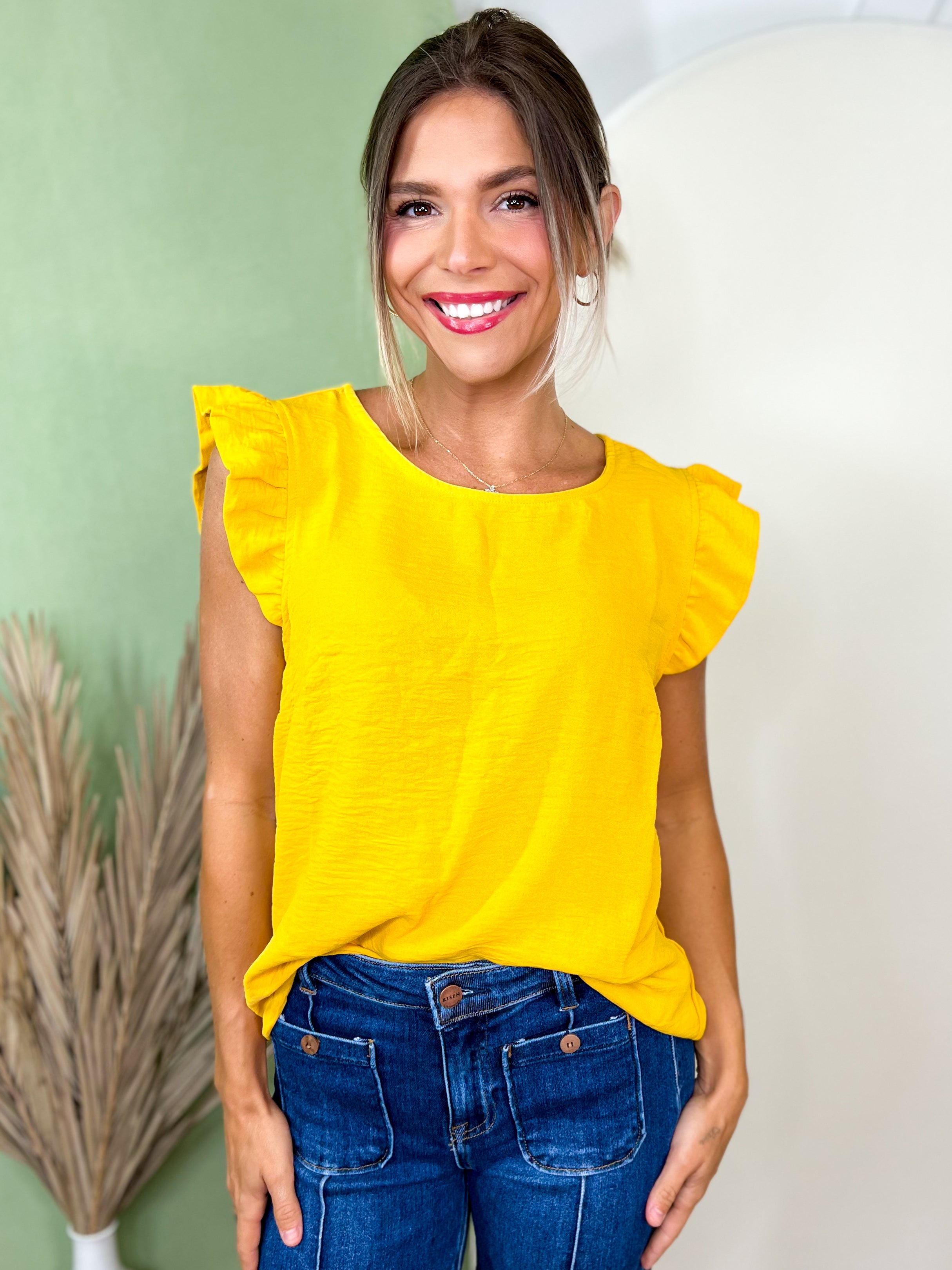 Ruffle Cap Sleeve Blouse-110 SHORT SLEEVE TOP-TIMING-Heathered Boho Boutique, Women's Fashion and Accessories in Palmetto, FL