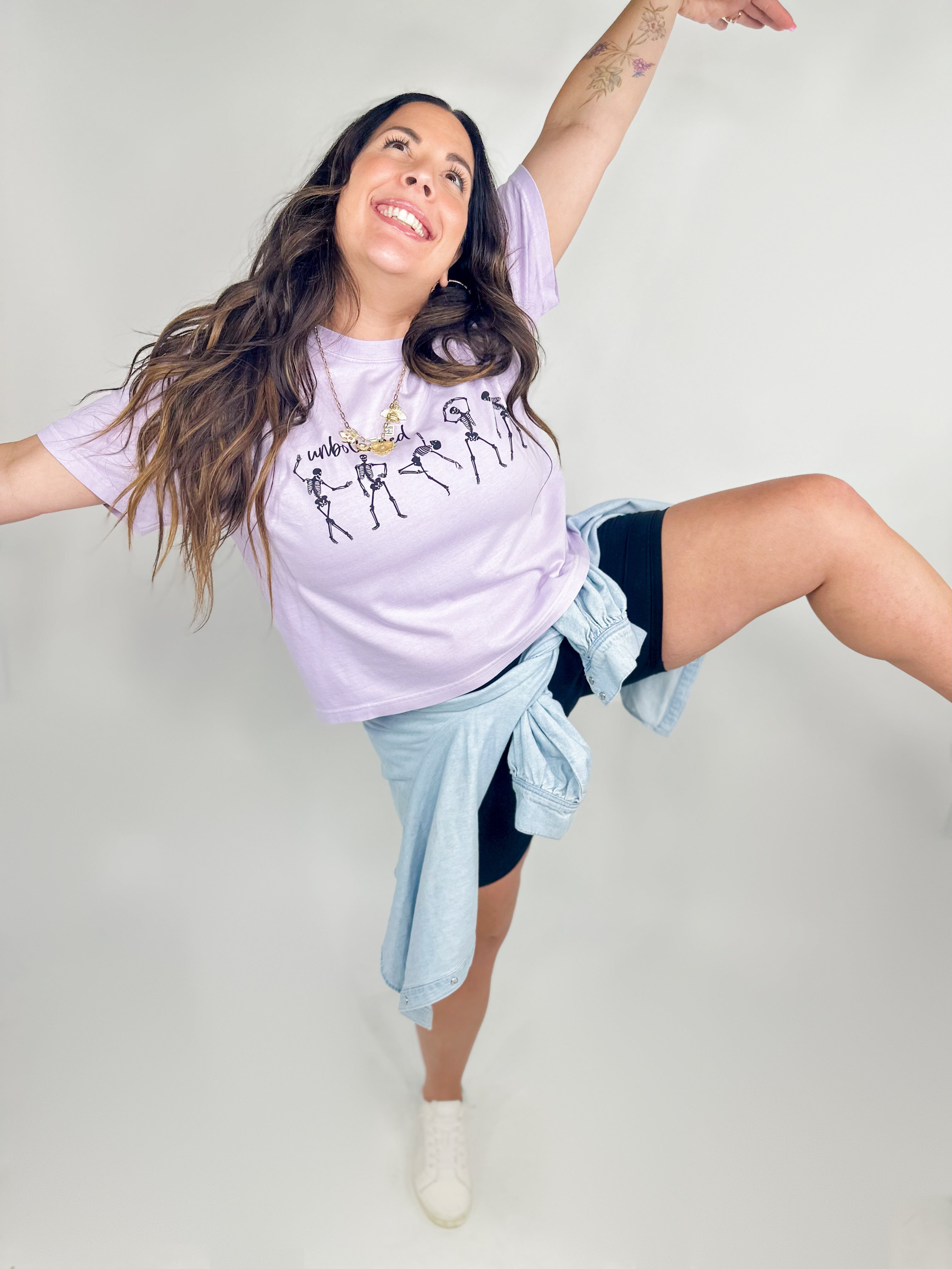 Unbothered Dancing Skeleton Boxy Graphic Tee-130 Graphic Tees-Heathered Boho-Heathered Boho Boutique, Women's Fashion and Accessories in Palmetto, FL