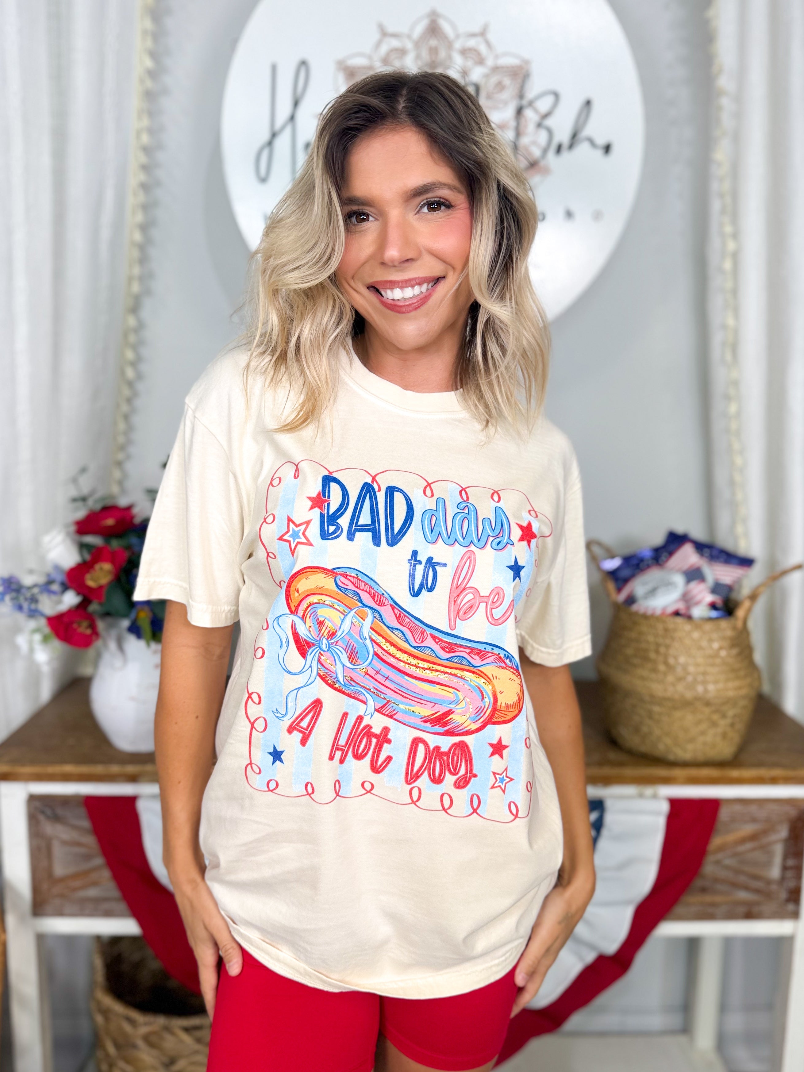 Bad Day to be a Hotdog Graphic Tee-130 Graphic Tees-Heathered Boho-Heathered Boho Boutique, Women's Fashion and Accessories in Palmetto, FL