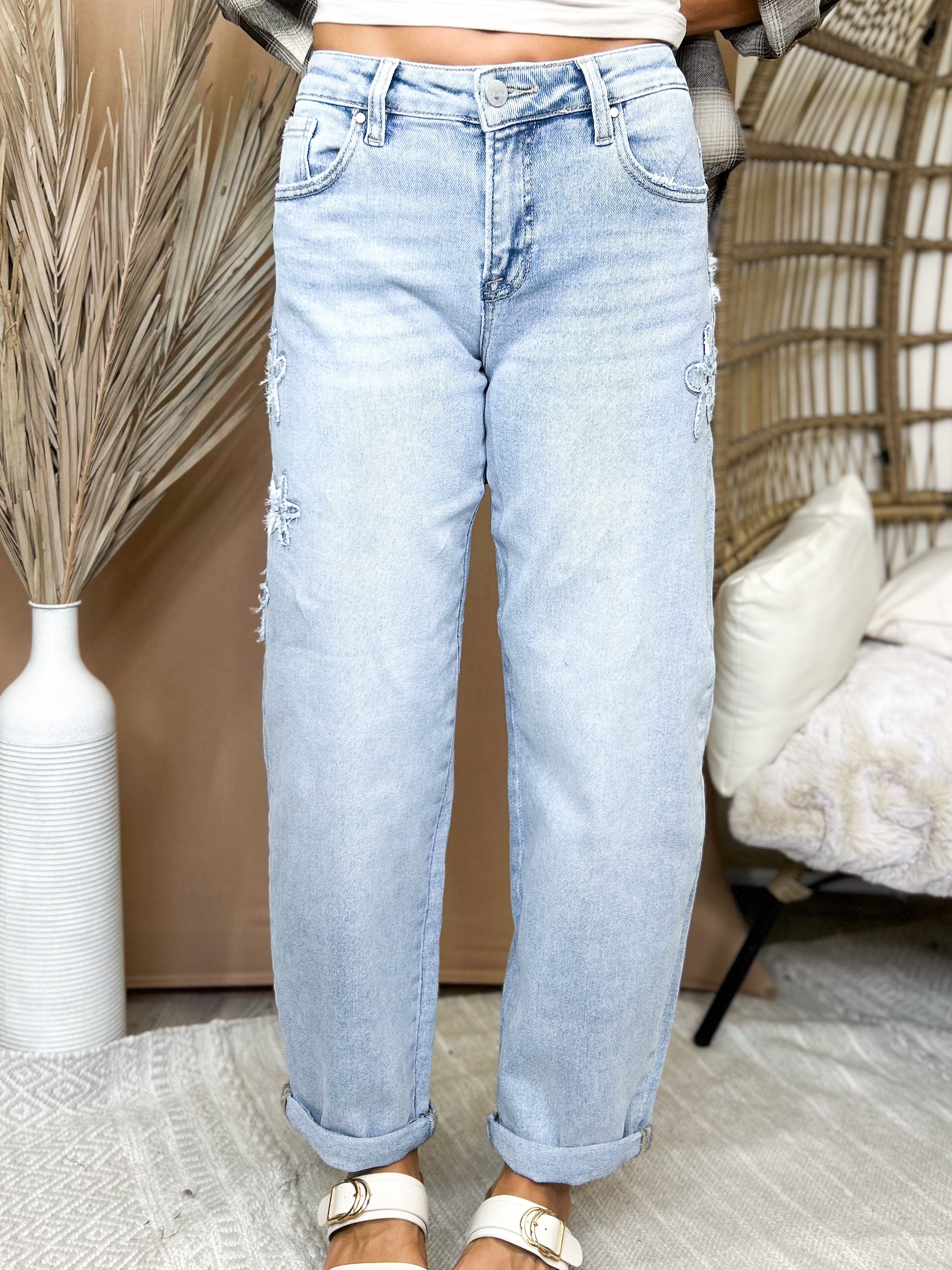 The Flower Child Barrel Jeans By Risen-190 JEANS-RISEN-Heathered Boho Boutique, Women's Fashion and Accessories in Palmetto, FL