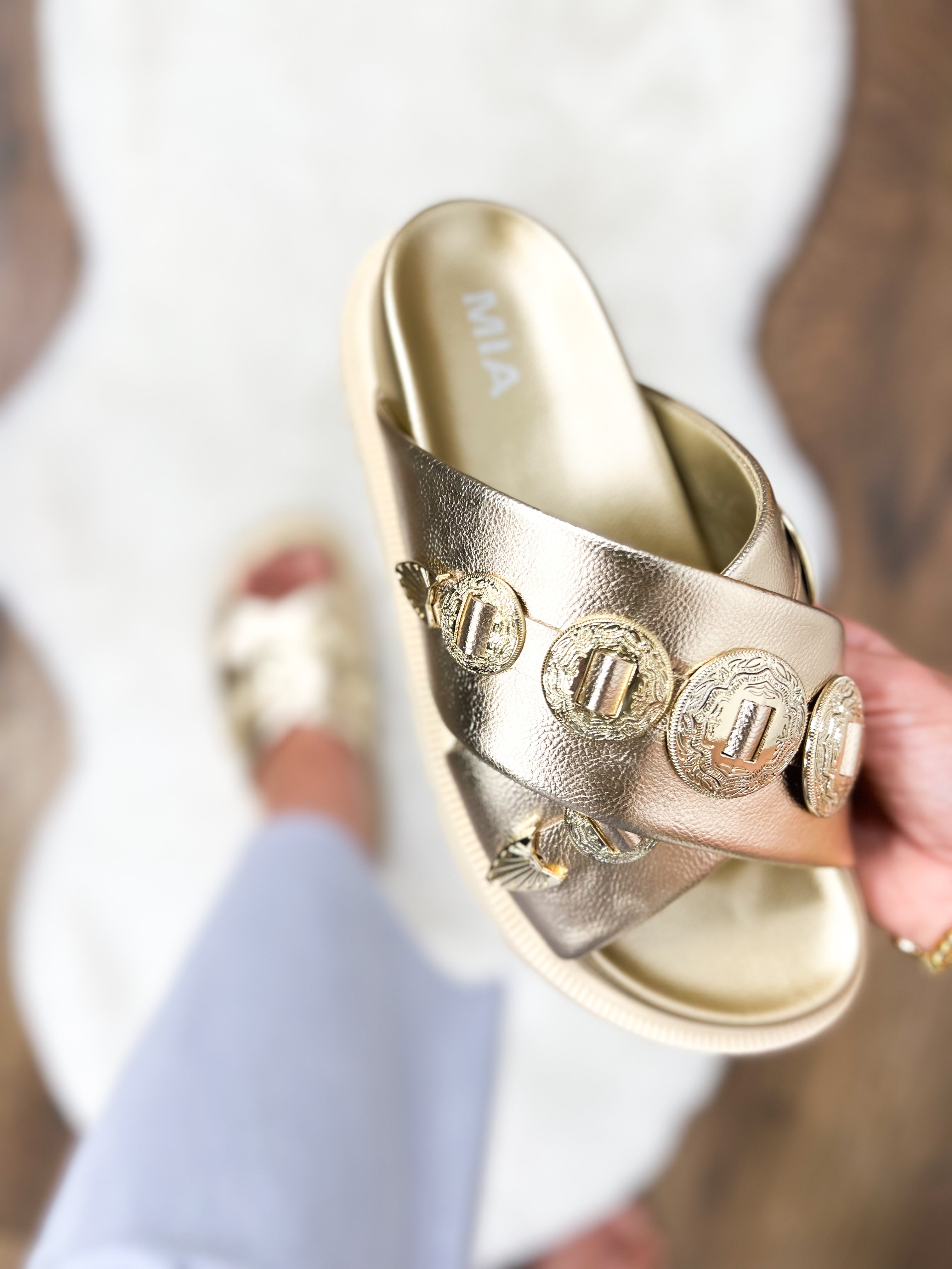 Soft Gold Gorgene Sandals-350 Shoes-Mia Shoes-Heathered Boho Boutique, Women's Fashion and Accessories in Palmetto, FL