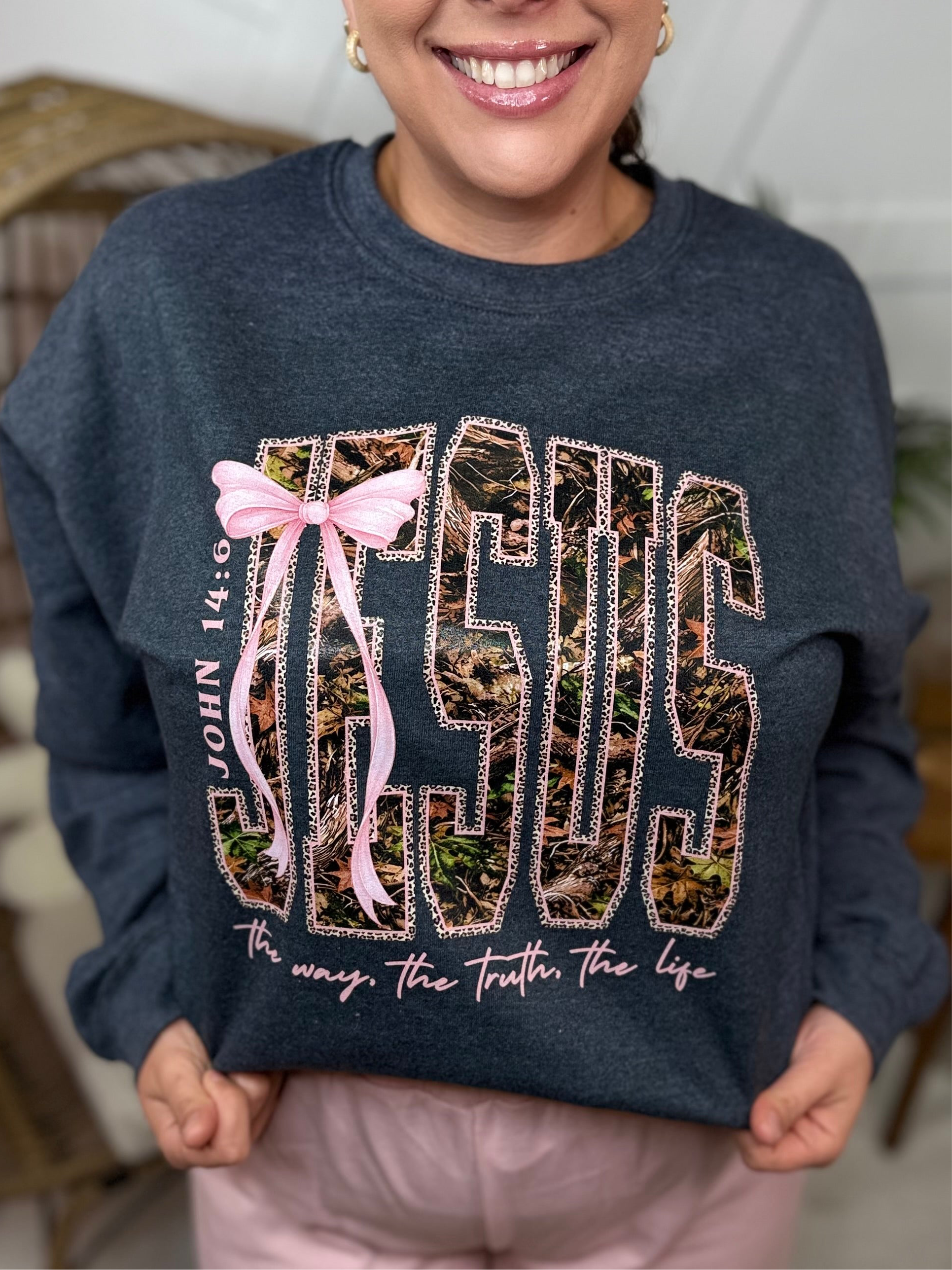 Camo Jesus Graphic Sweatshirt-130 Graphic Tees-Heathered Boho-Heathered Boho Boutique, Women's Fashion and Accessories in Palmetto, FL