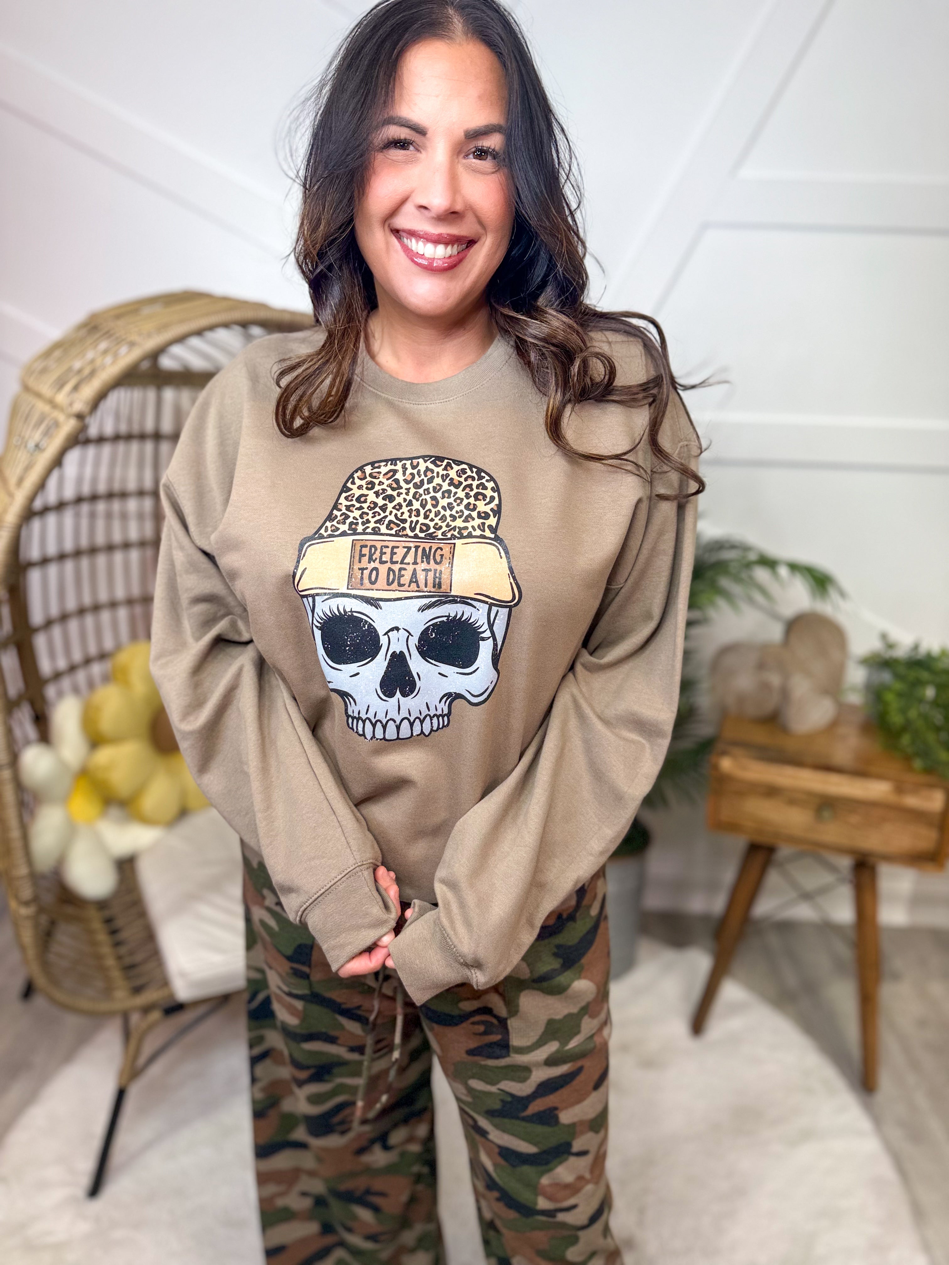 Freezing to Death Graphic Sweatshirt-130 Graphic Tees-Heathered Boho-Heathered Boho Boutique, Women's Fashion and Accessories in Palmetto, FL