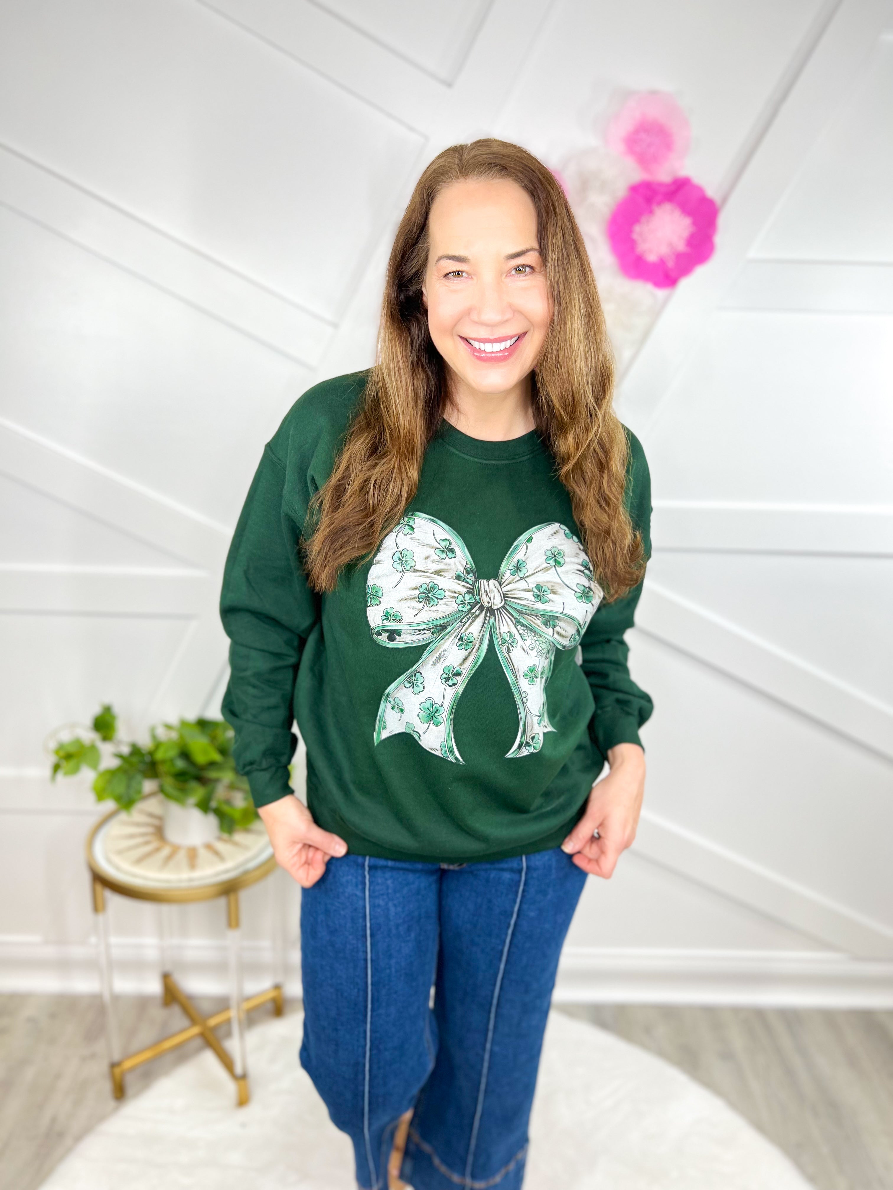 Shamrock Bow Graphic Sweatshirt-130 Graphic Tees-Heathered Boho-Heathered Boho Boutique, Women's Fashion and Accessories in Palmetto, FL