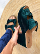 Put a Bow On It Wedges - Evergreen Velvet-350 SHOES-Corkys-Heathered Boho Boutique, Women's Fashion and Accessories in Palmetto, FL