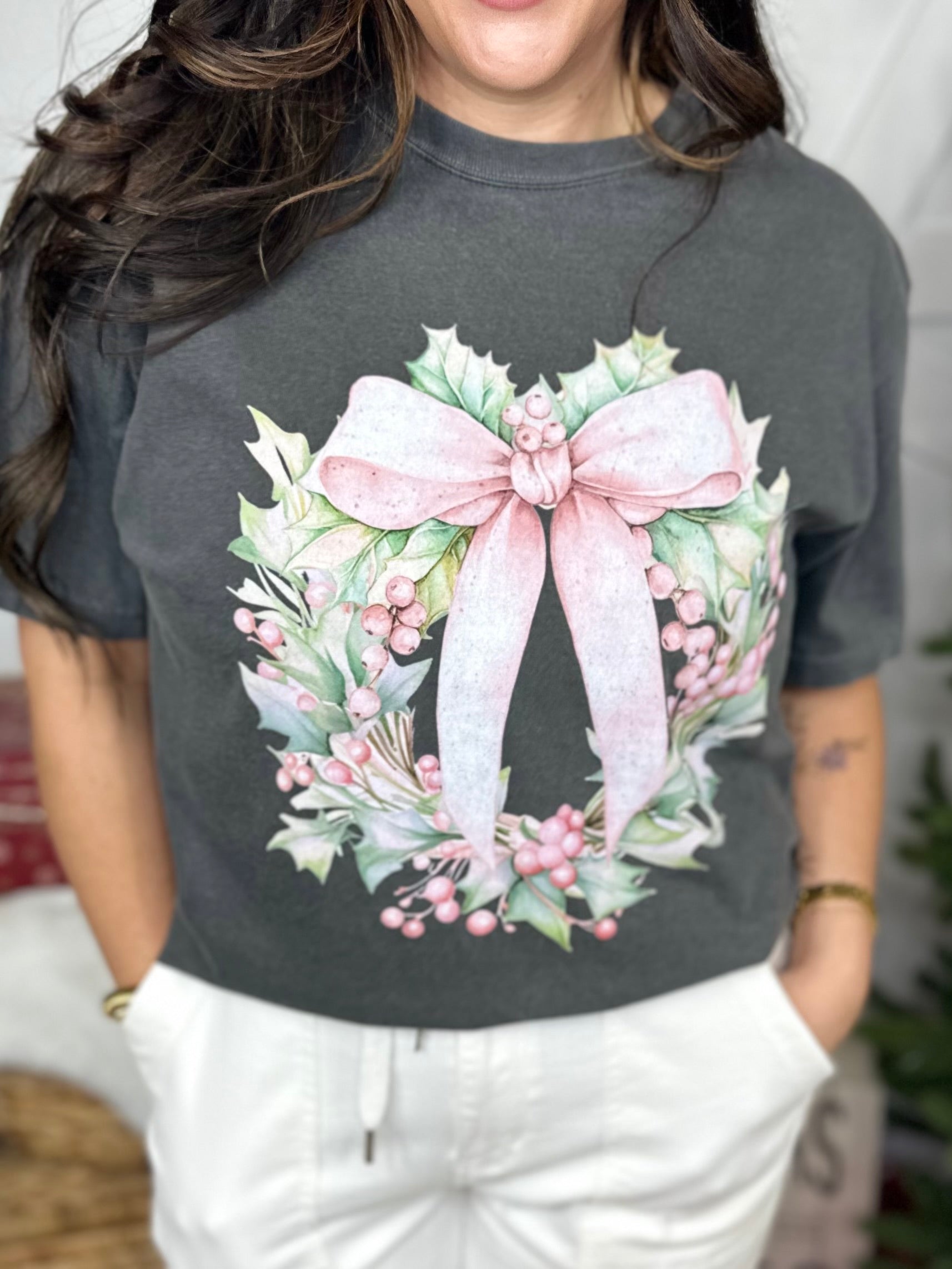 Pink Bow Wreath Graphic Tee-130 Graphic Tees-Heathered Boho-Heathered Boho Boutique, Women's Fashion and Accessories in Palmetto, FL