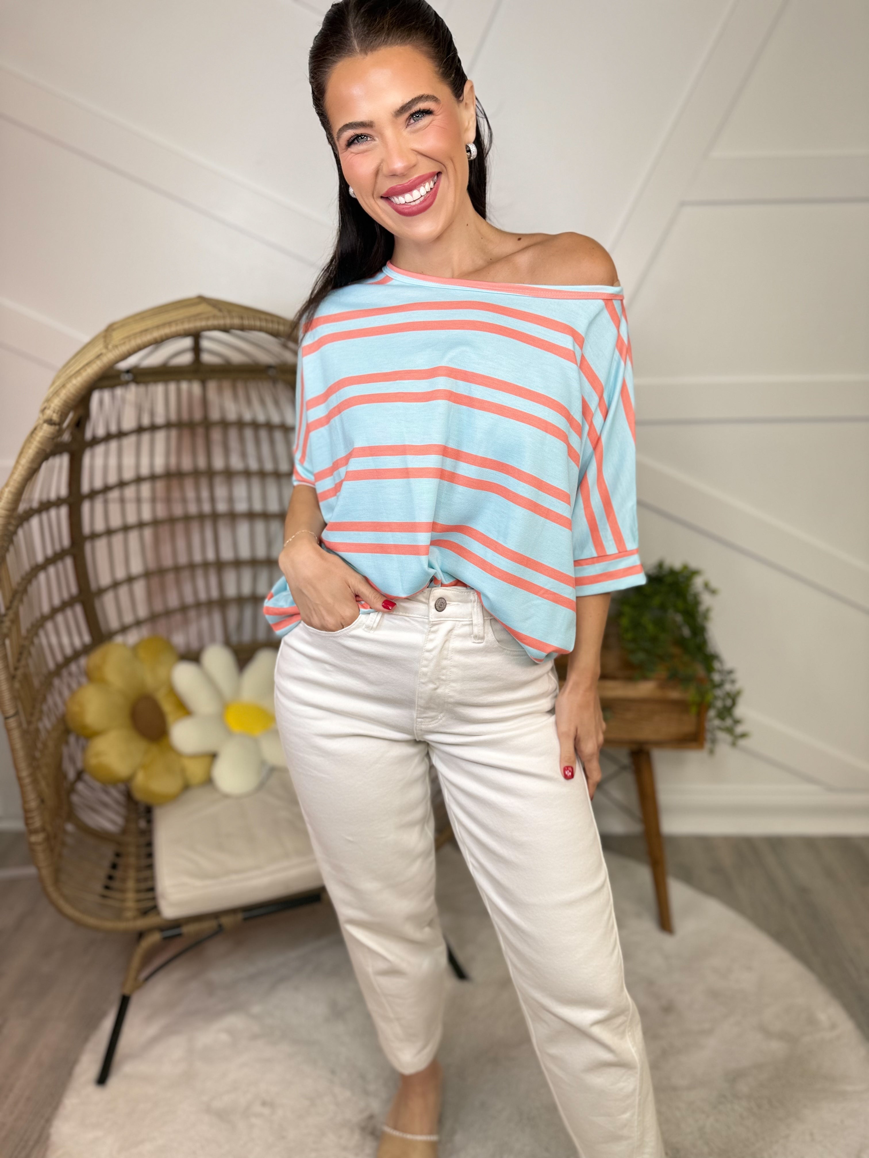 Striped for the Season Top-110 SHORT SLEEVE TOP-Celeste-Heathered Boho Boutique, Women's Fashion and Accessories in Palmetto, FL