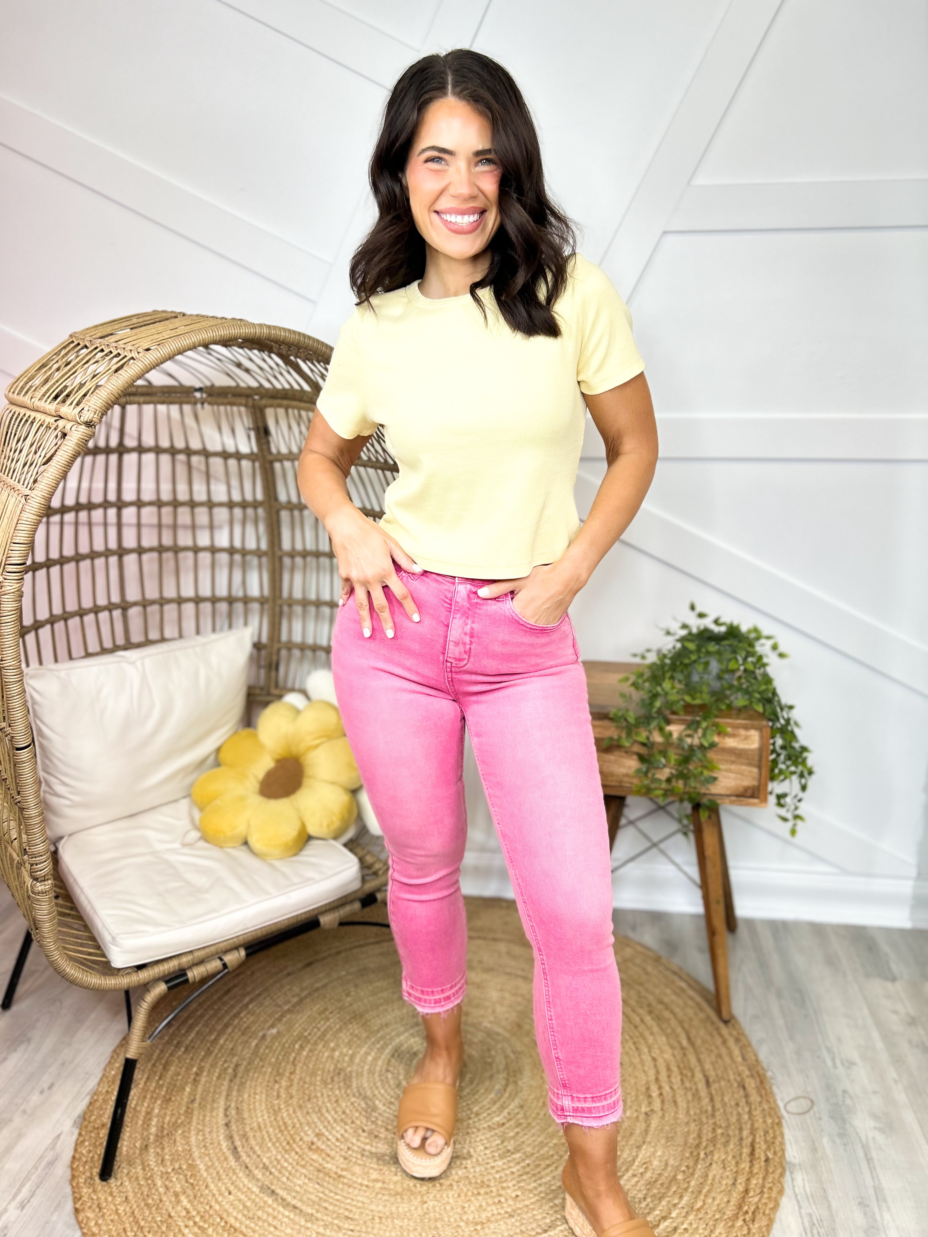 Pink Power Tummy Control Capri Jeans-190 JEANS-SAIGE-Heathered Boho Boutique, Women's Fashion and Accessories in Palmetto, FL