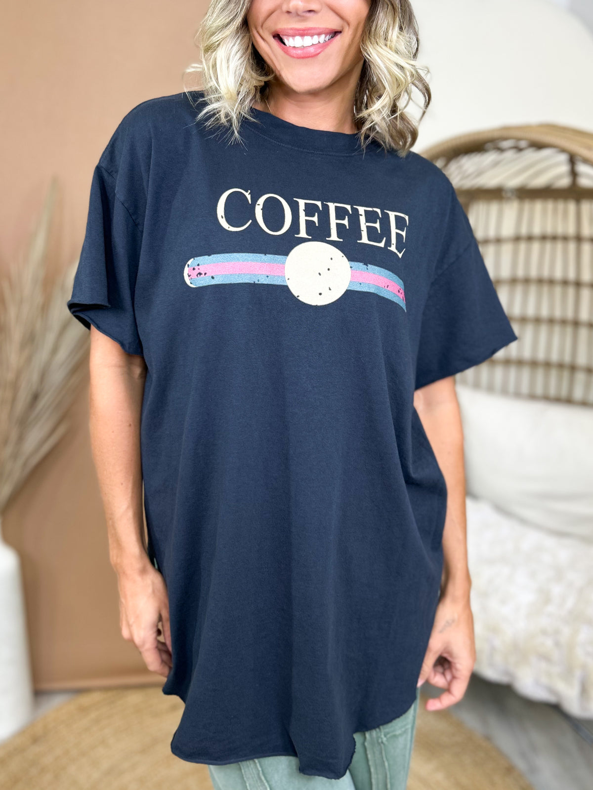 Designer Coffee Side Slit Tee-130 GRAPHIC TEE-Pebby Forevee-Heathered Boho Boutique, Women's Fashion and Accessories in Palmetto, FL