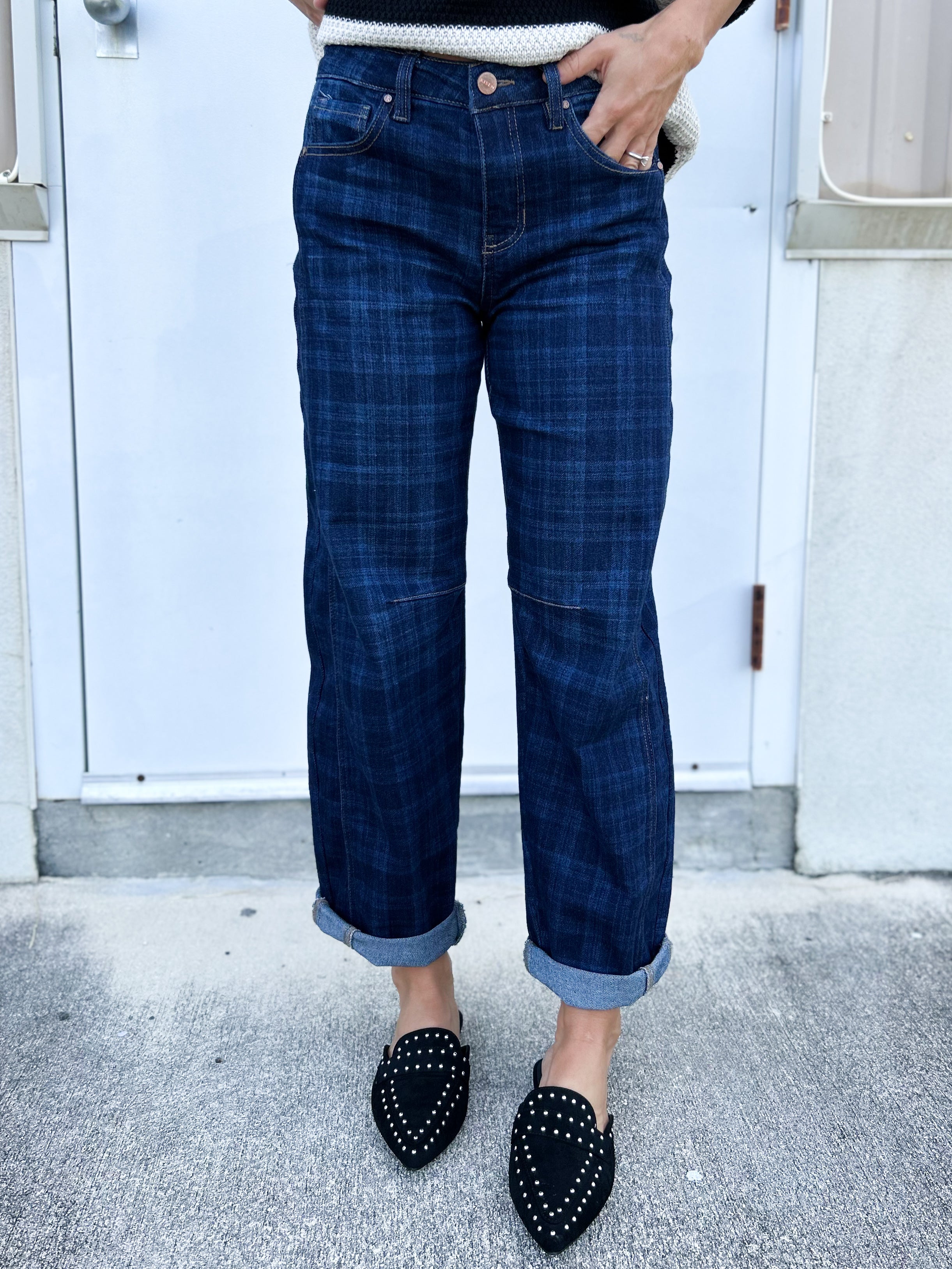 Midnight Plaid Cropped Barrel Jeans By Risen-190 JEANS-RISEN-Heathered Boho Boutique, Women's Fashion and Accessories in Palmetto, FL