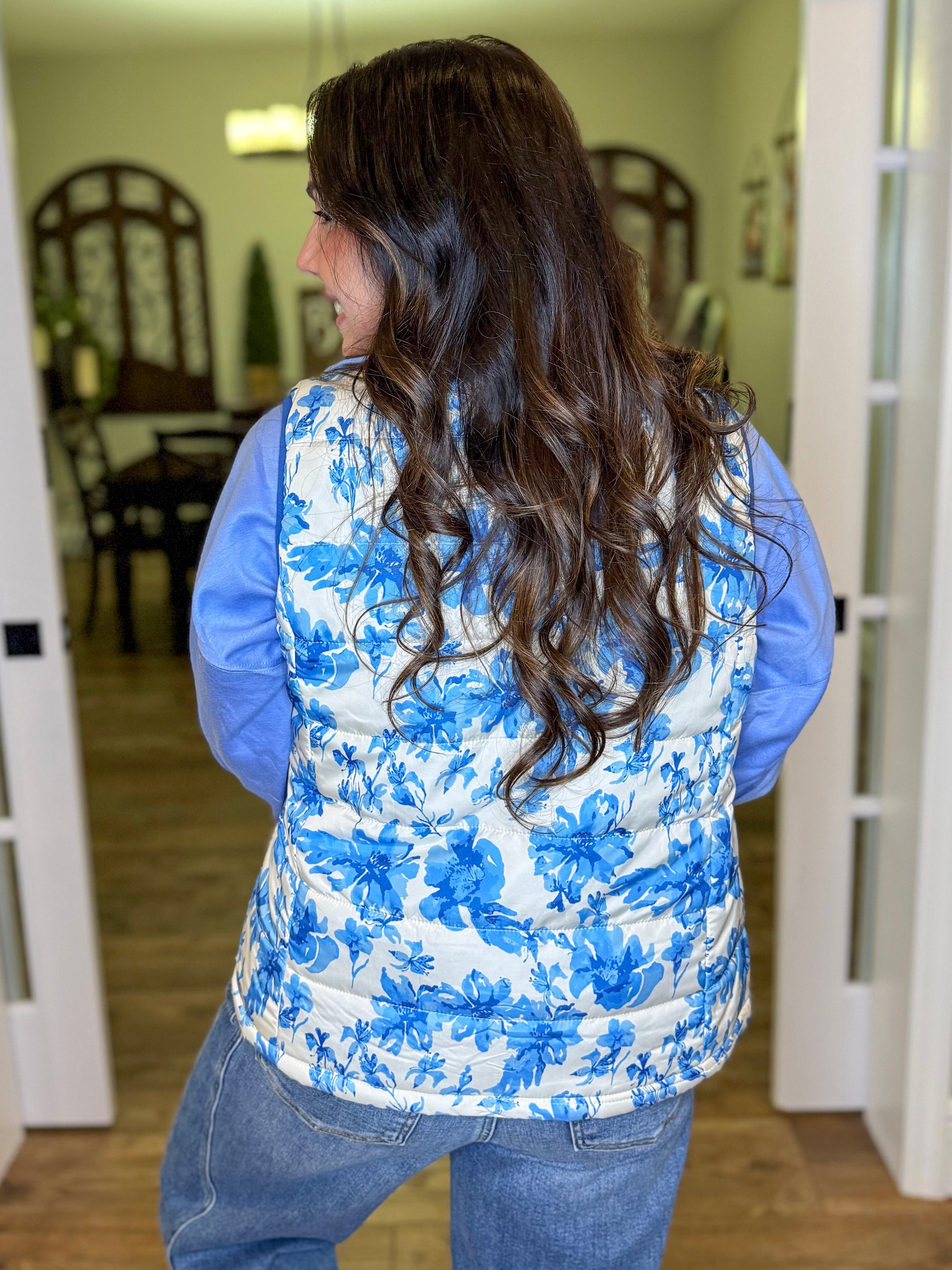 Delilah Blue Eternal Blossom Puffer Vest-200 Jackets/Shackets-Jess Lea-Heathered Boho Boutique, Women's Fashion and Accessories in Palmetto, FL