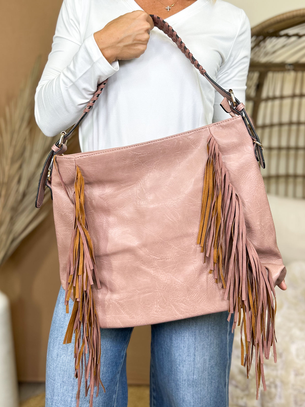 Sav Distressed Hobo Bag w/ Fringe Detail-320 Bags-Jen & Co.-Heathered Boho Boutique, Women's Fashion and Accessories in Palmetto, FL