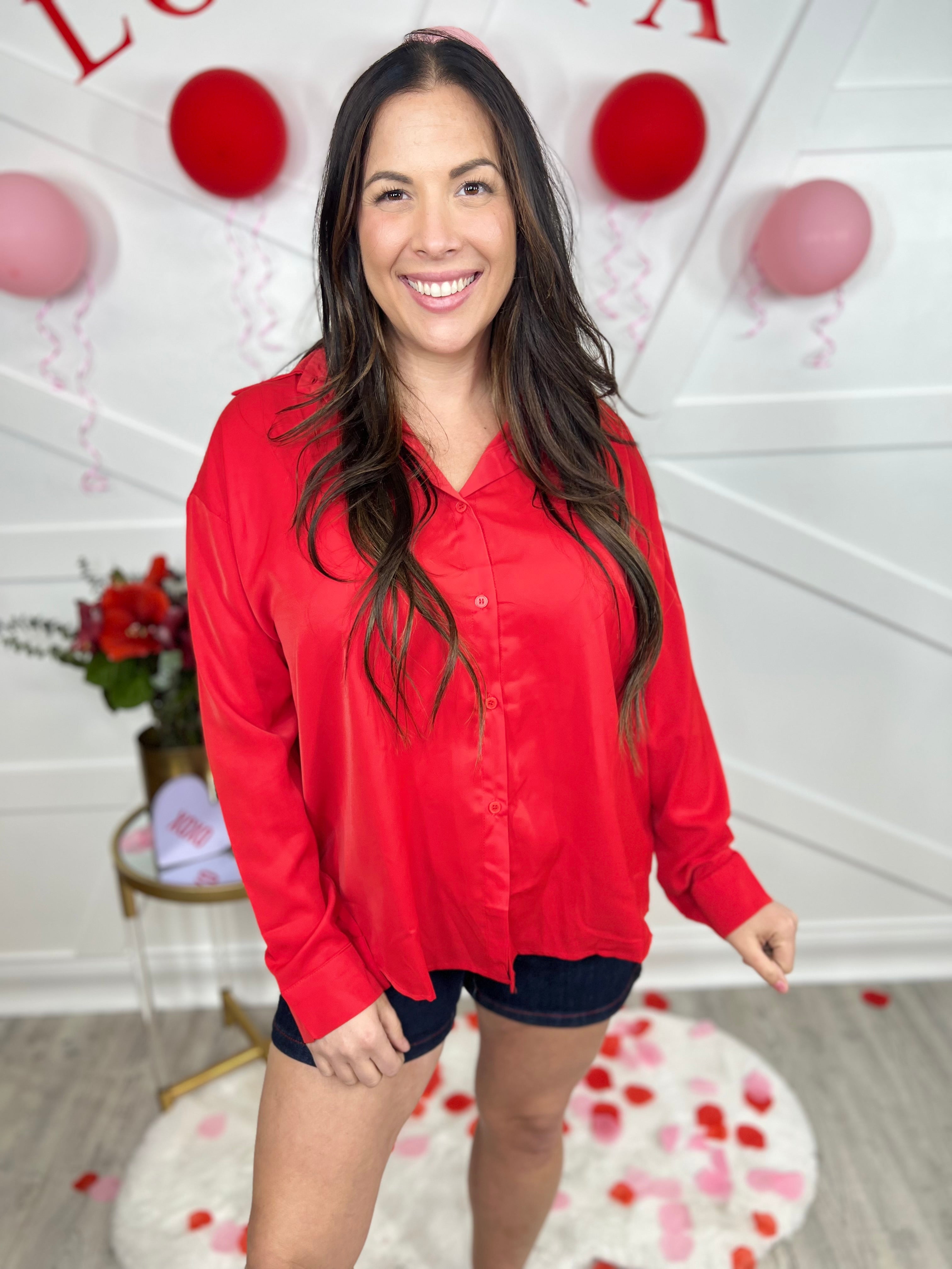 RESTOCK : Kathryn Classic Button-Up - Red-120 Long Sleeve Tops-Southern Grace-Heathered Boho Boutique, Women's Fashion and Accessories in Palmetto, FL