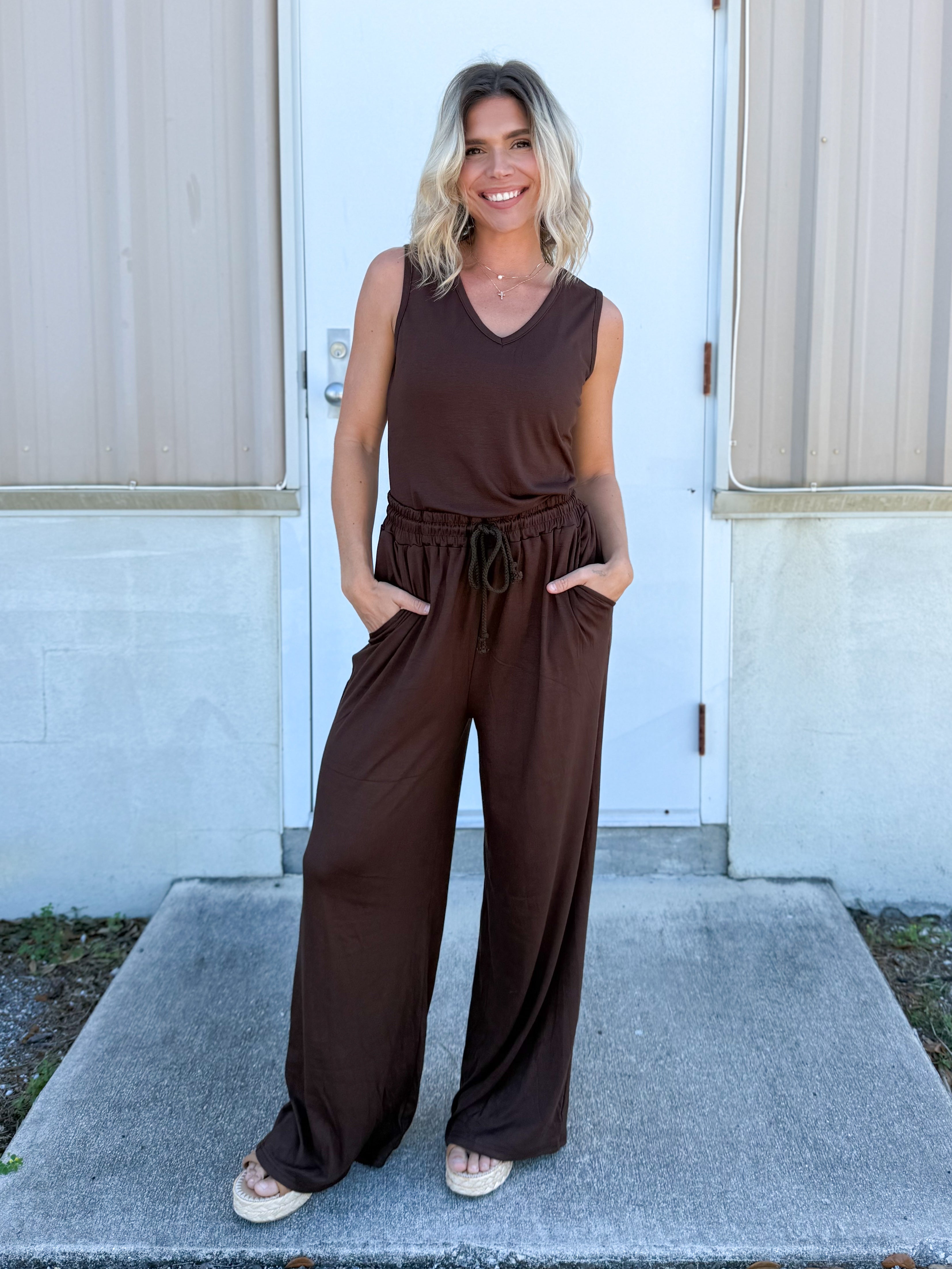 Mocha Comfort Wide-Leg Pants-150 PANTS-POLAGRAM-Heathered Boho Boutique, Women's Fashion and Accessories in Palmetto, FL