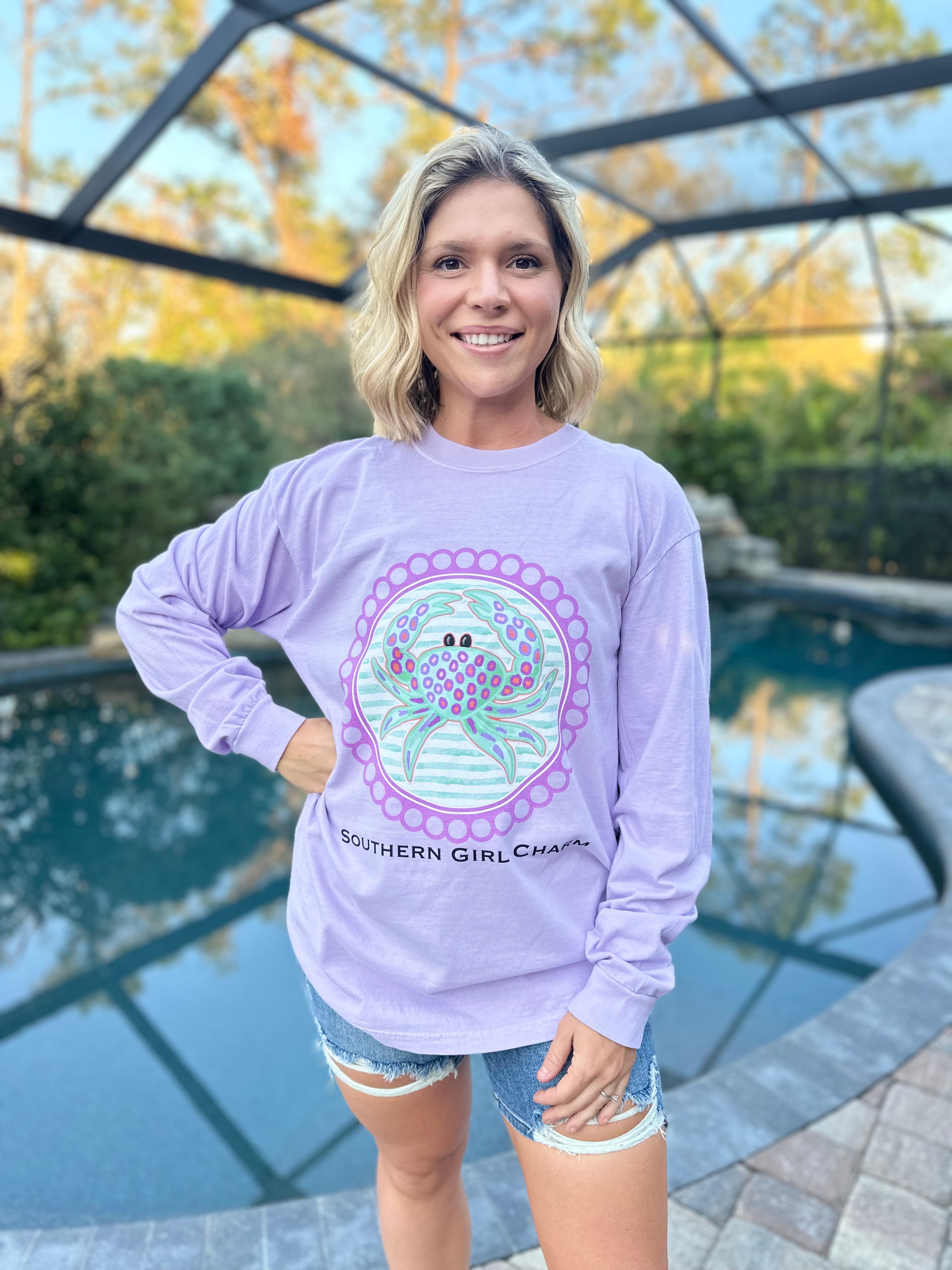 Southern Girl Charm Crab Graphic Long Sleeve - Orchid-130 Graphic Tees-Heathered Boho-Heathered Boho Boutique, Women's Fashion and Accessories in Palmetto, FL