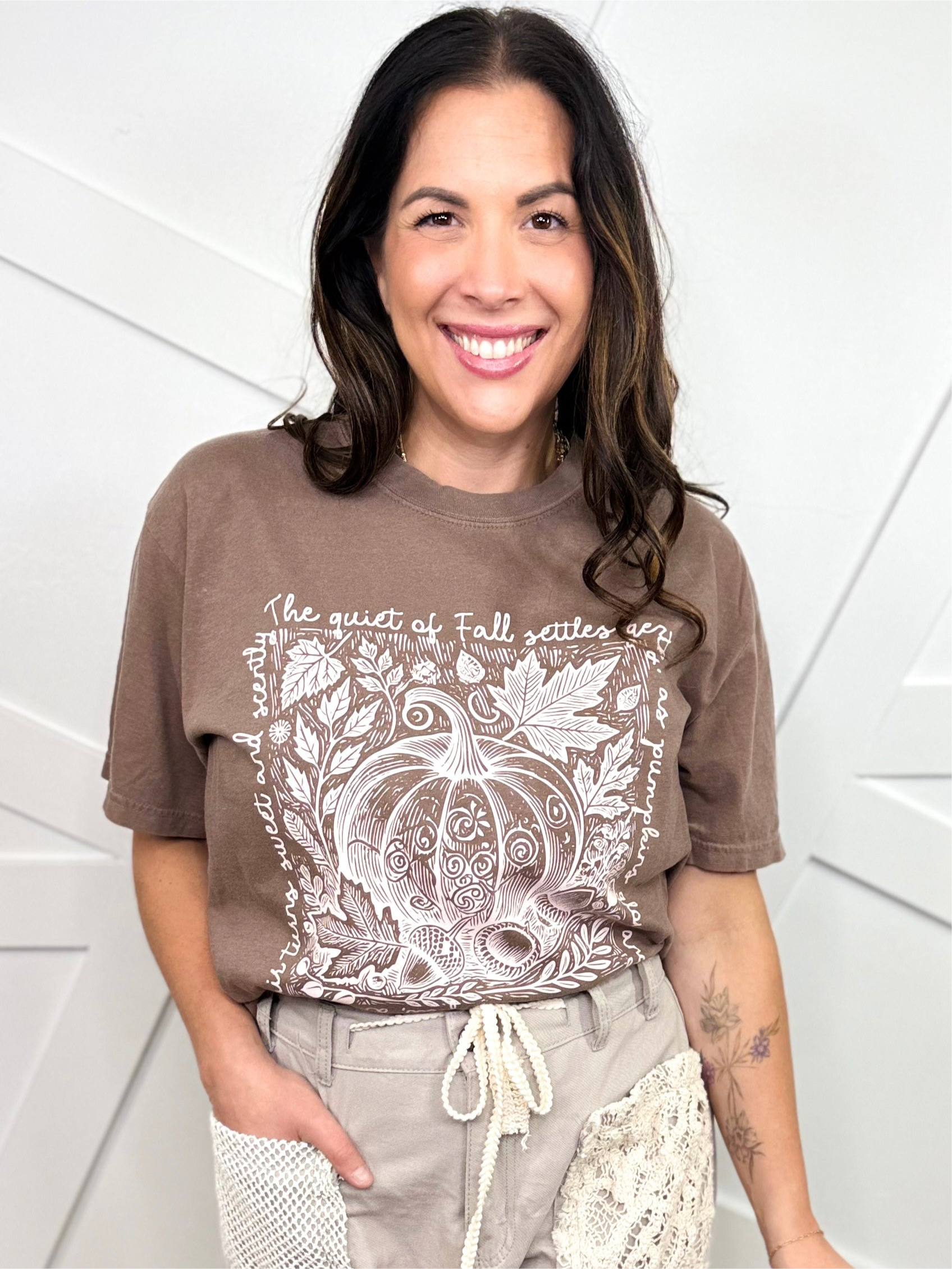 Pumpkin Sketch (Cream Text) Graphic Tee-130 Graphic Tees-Heathered Boho-Heathered Boho Boutique, Women's Fashion and Accessories in Palmetto, FL