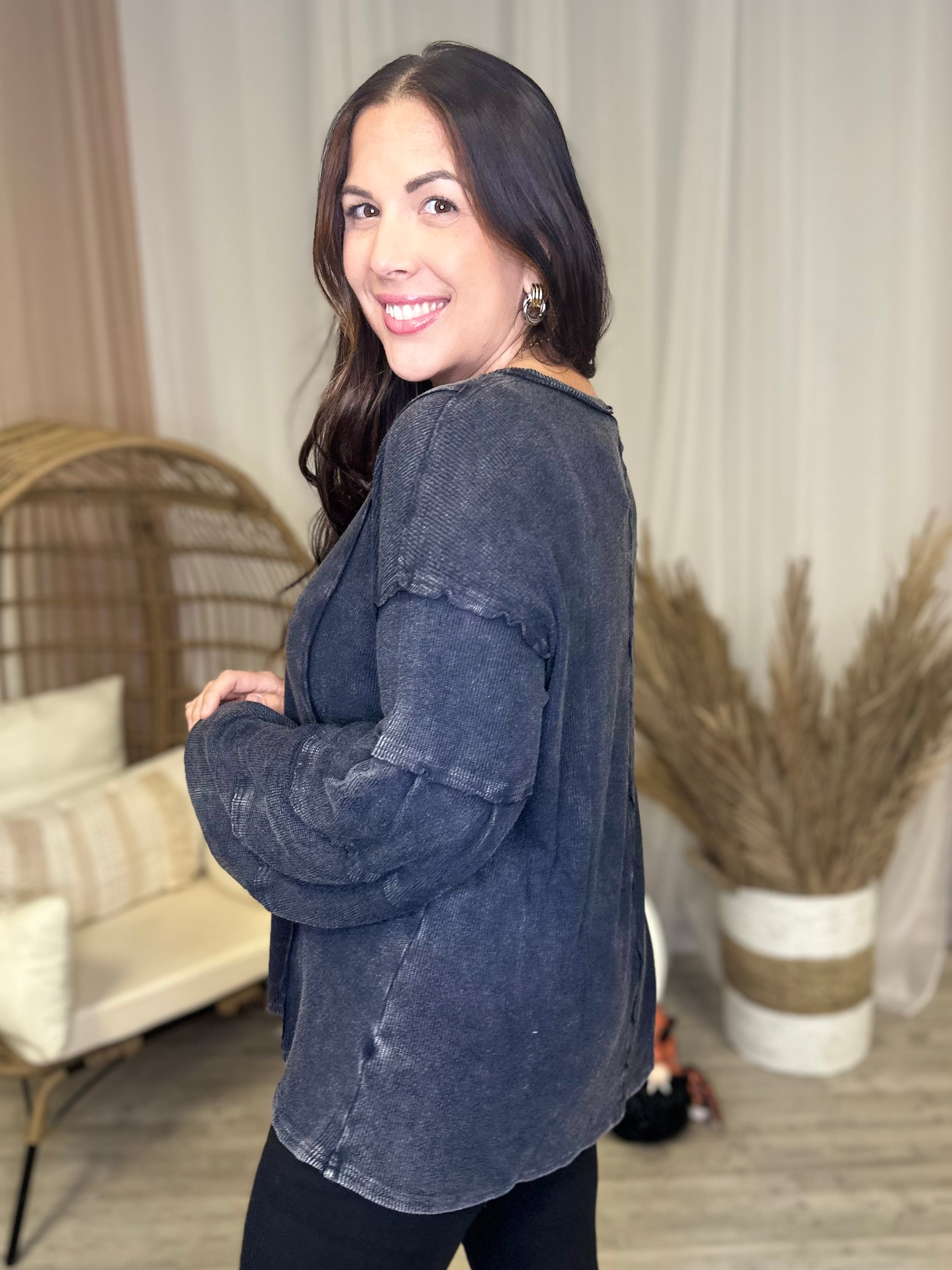 Heathered Boho By Easel Miles Away Tunic Top - Black-120 Long Sleeve Tops-Easel-Heathered Boho Boutique, Women's Fashion and Accessories in Palmetto, FL