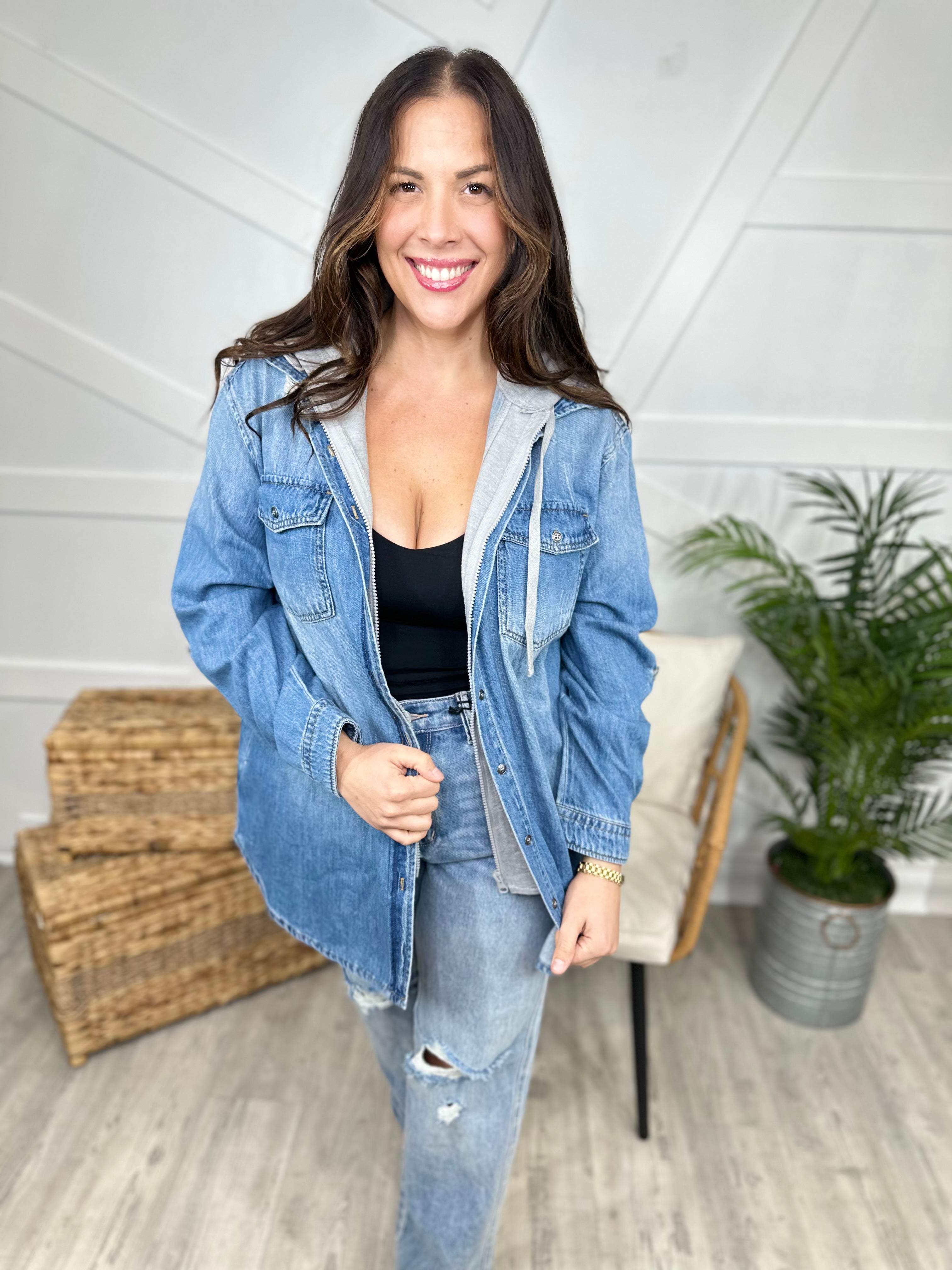 RESTOCK : Test of Time Denim Hoodie-210 Hoodies-Risen Jeans-Heathered Boho Boutique, Women's Fashion and Accessories in Palmetto, FL