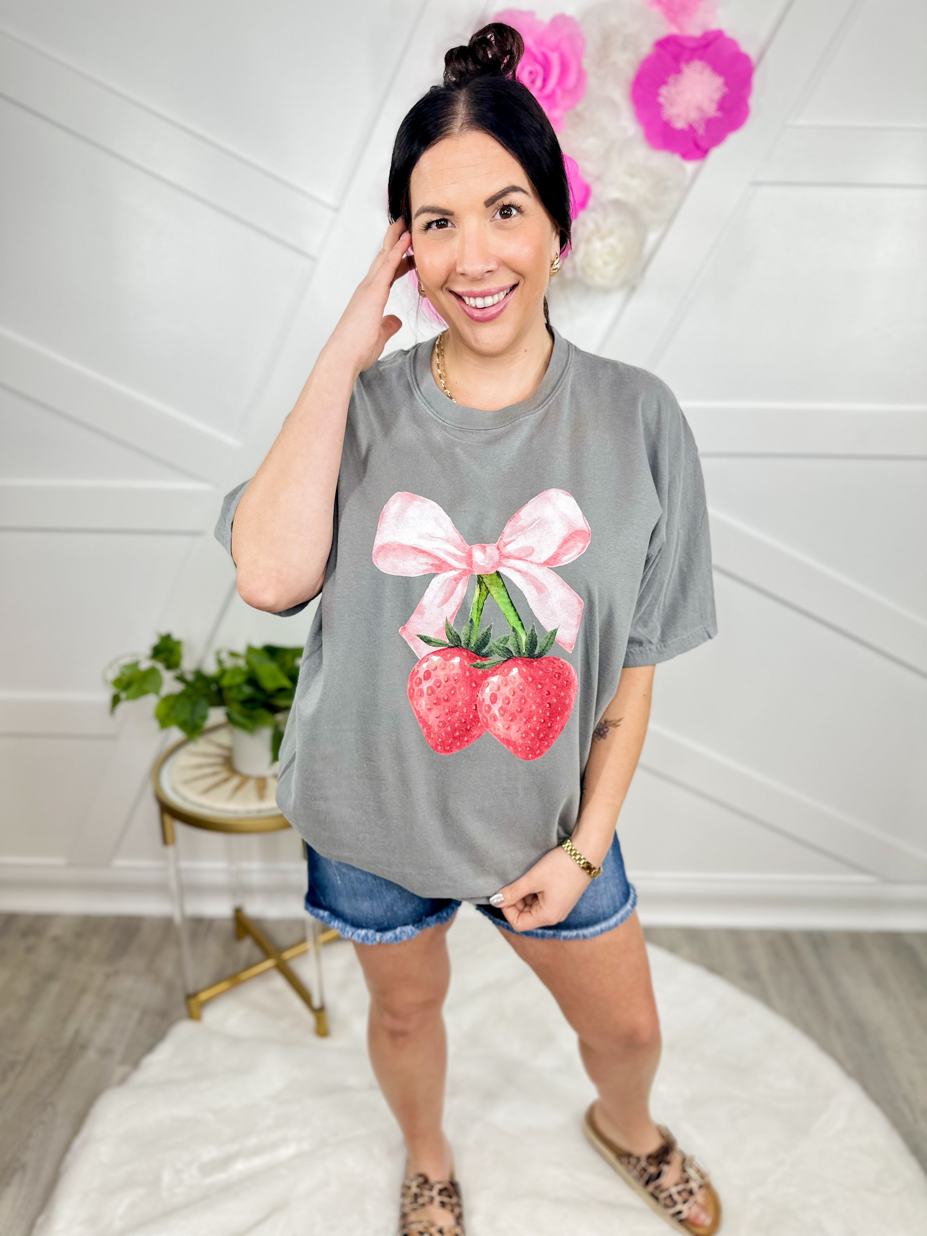 Strawberry Bow Graphic Tee-130 Graphic Tees-Heathered Boho-Heathered Boho Boutique, Women's Fashion and Accessories in Palmetto, FL