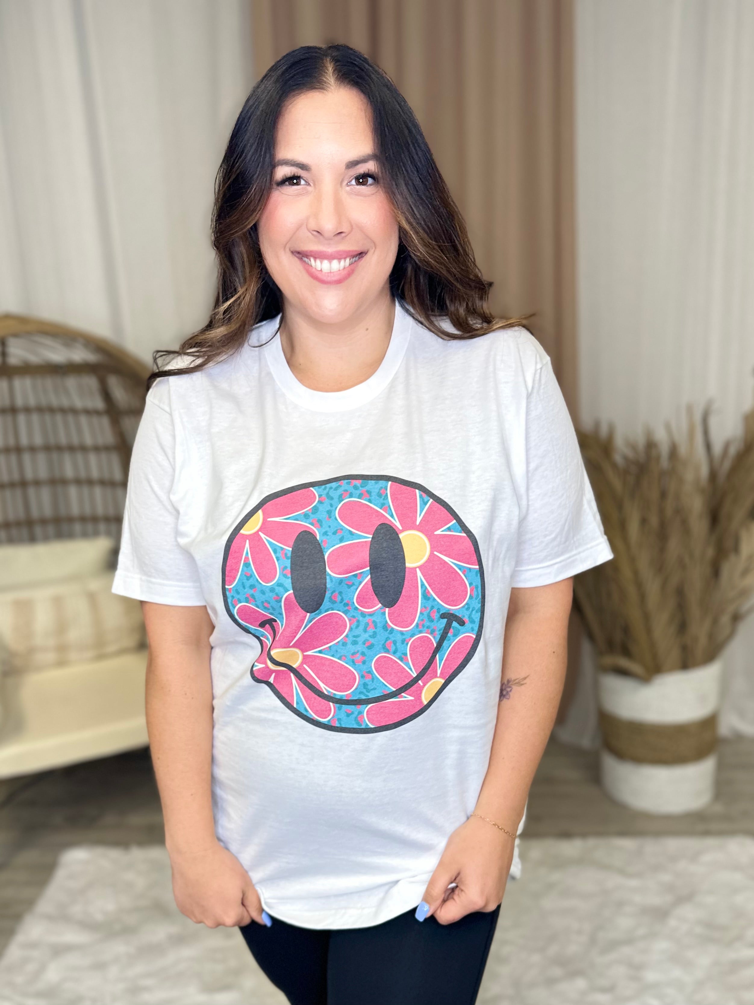 Pink Daisy Smiley Graphic Tee-130 Graphic Tees-Heathered Boho-Heathered Boho Boutique, Women's Fashion and Accessories in Palmetto, FL