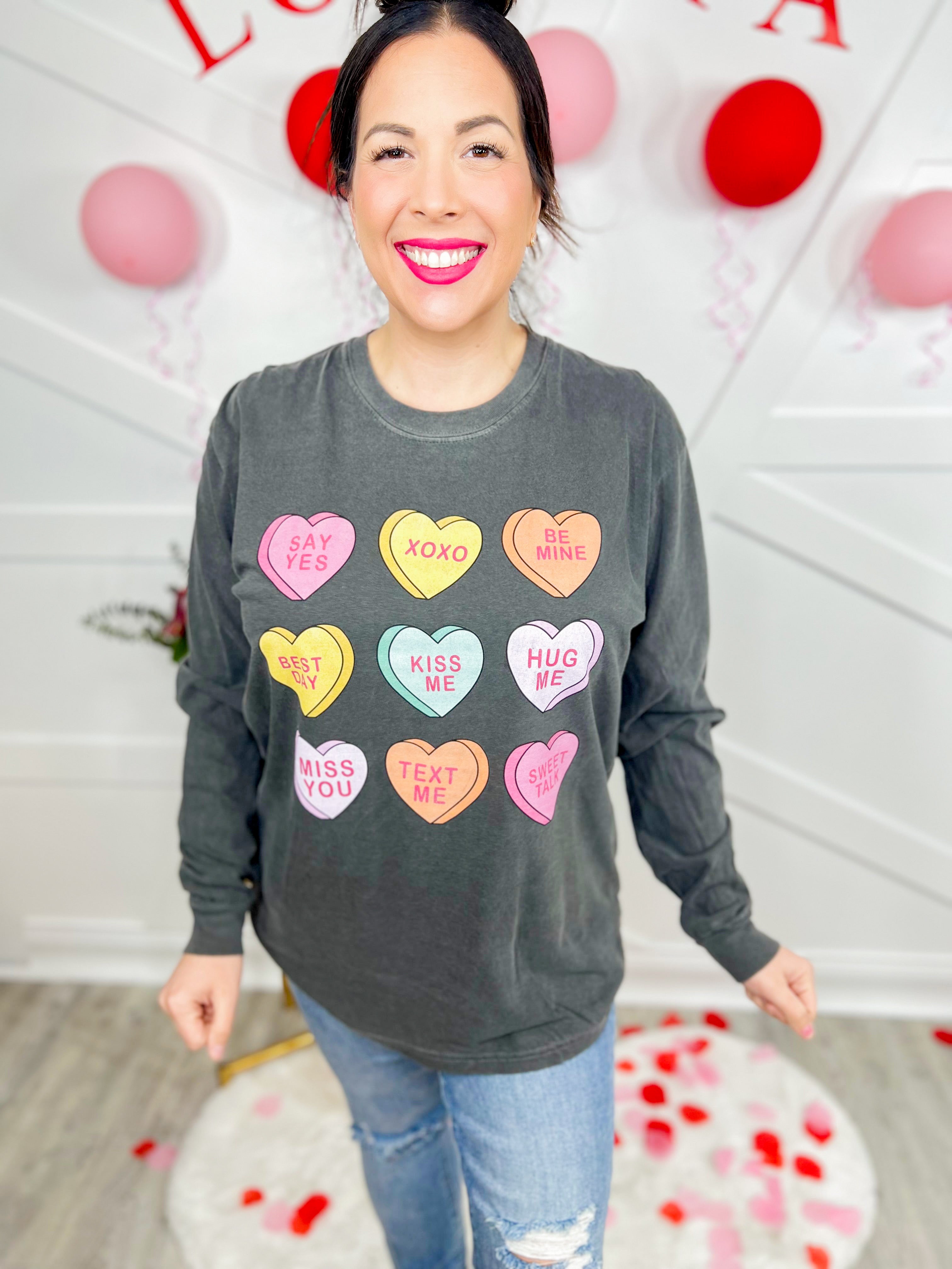 Conversation Hearts Graphic Long Sleeve-130 Graphic Tees-Heathered Boho-Heathered Boho Boutique, Women's Fashion and Accessories in Palmetto, FL