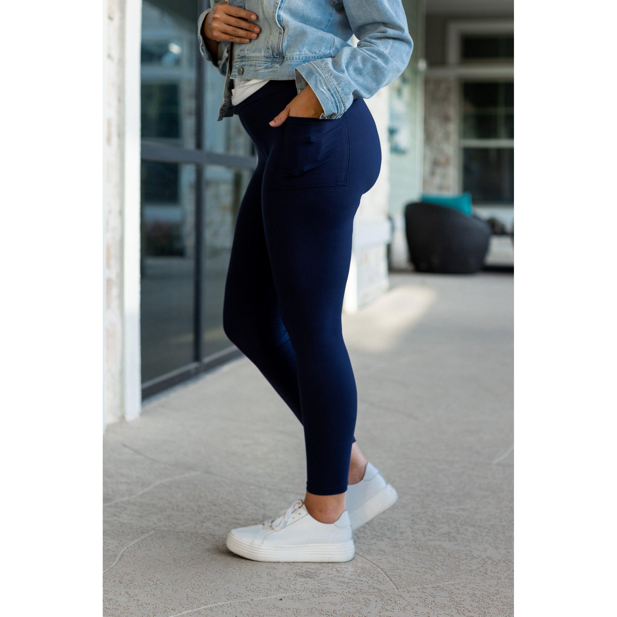 Navy Full Length with Pocket Leggings - Luxe Leggings by Julia Rose®-180 LEGGINGS-JuliaRoseWholesale-Heathered Boho Boutique, Women's Fashion and Accessories in Palmetto, FL